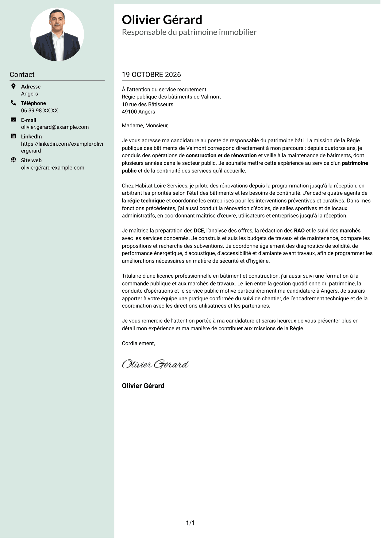 Lettre de motivation Cadre (format à colonne latérale douce avec photo arrondie) : Responsable du patrimoine bâti - Bâtiments publics, page 1