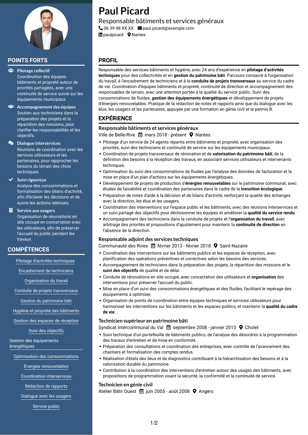 CV Élégant (format à colonne latérale colorée avec photo) : Responsable du service Bâtiments et Hygiène, page 1