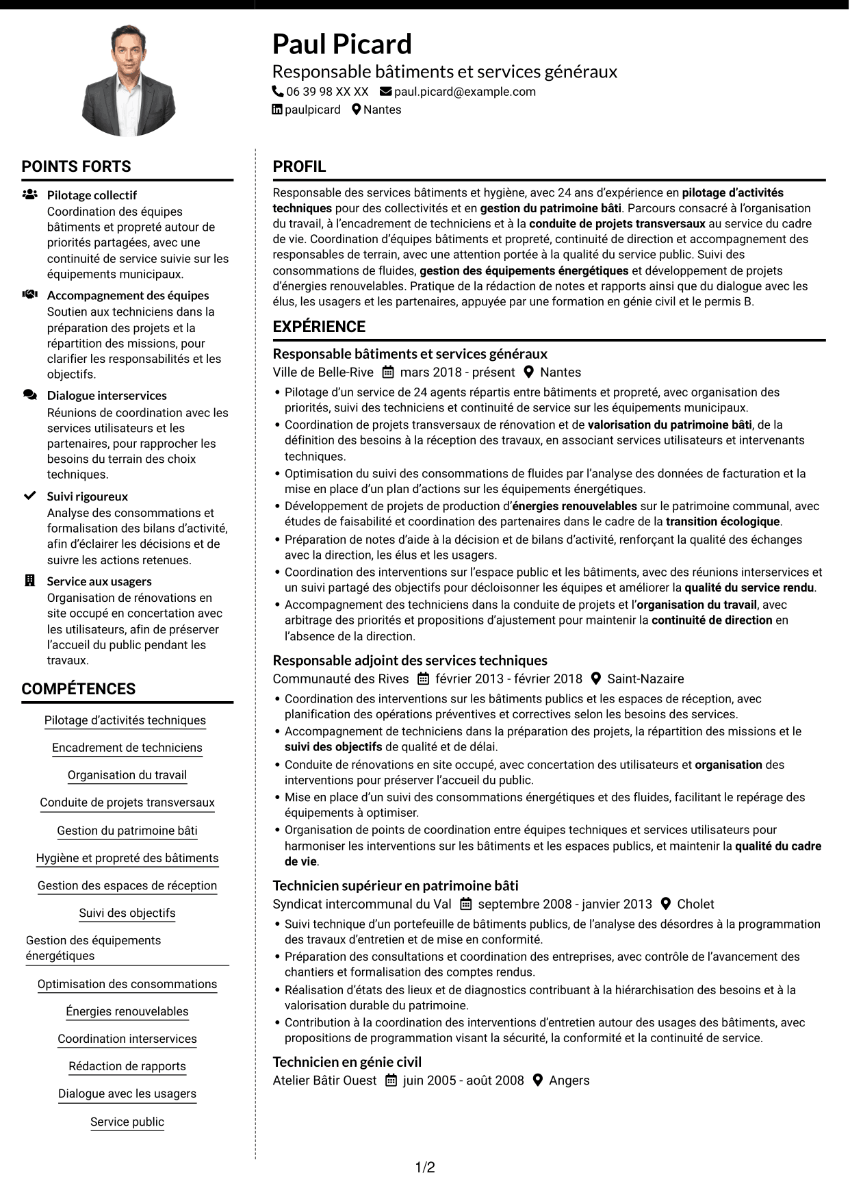 CV Moderne (format à deux colonnes avec photo à gauche et séparateur) : Responsable du service Bâtiments et Hygiène, page 1
