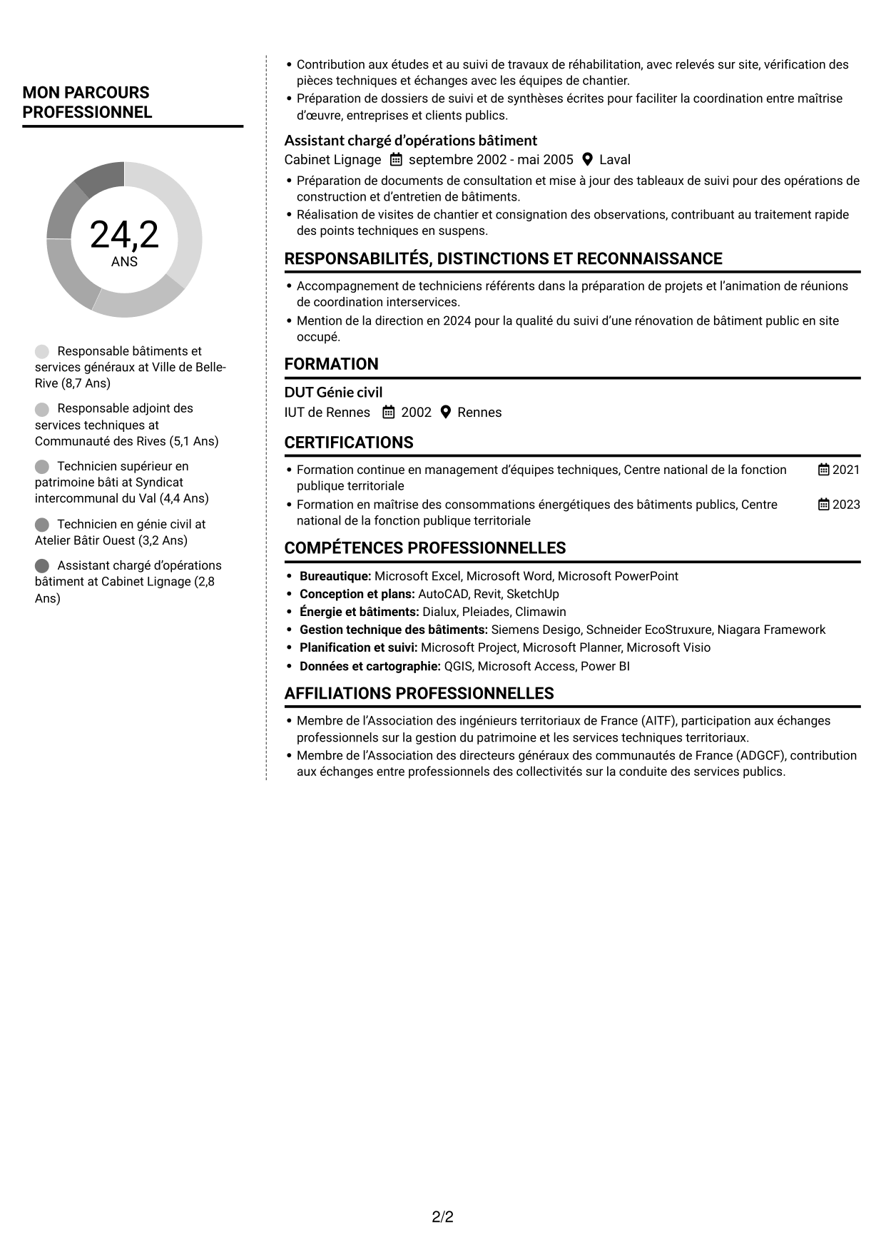 CV Moderne (format à deux colonnes avec photo à gauche et séparateur) : Responsable du service Bâtiments et Hygiène, page 2