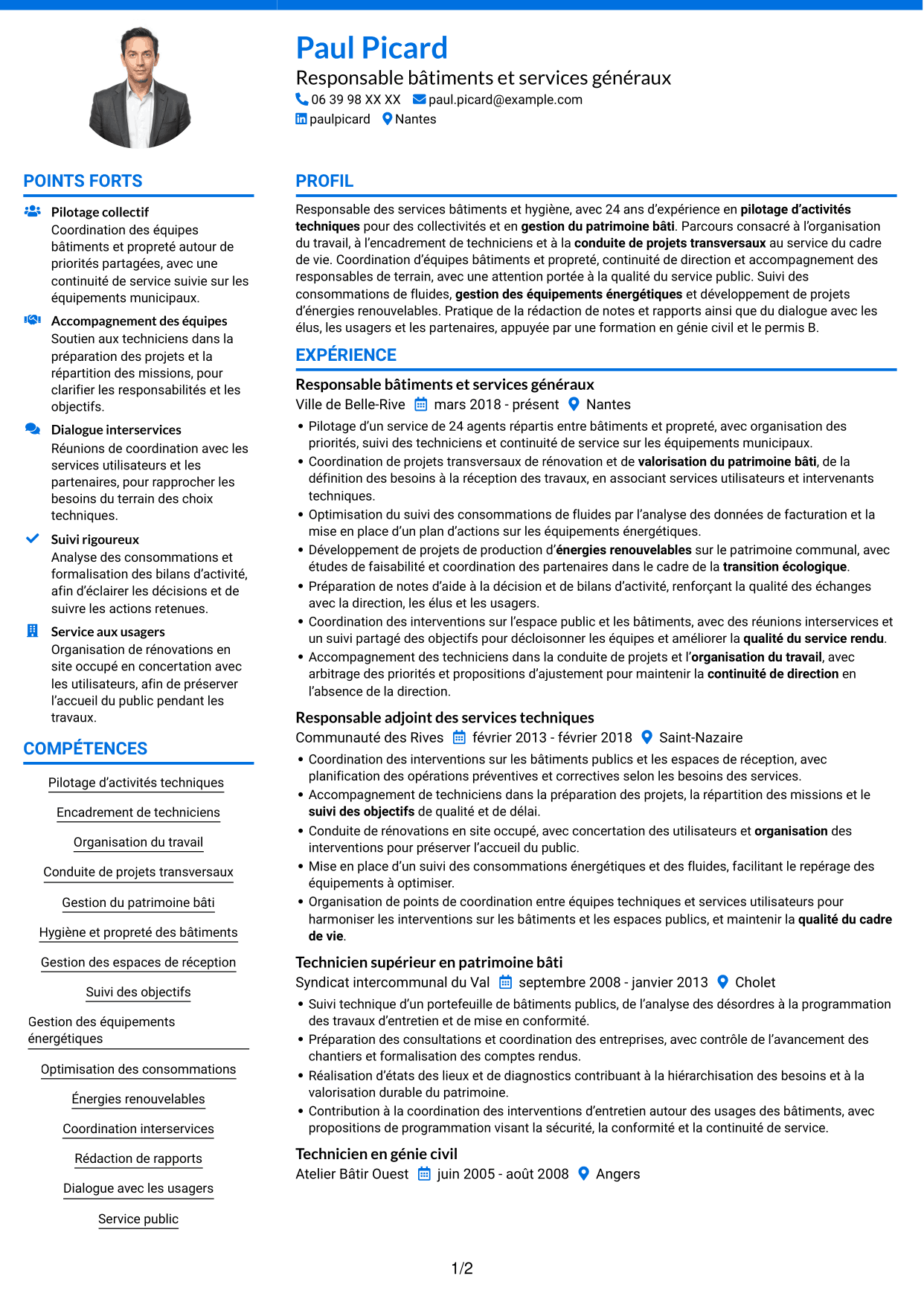 CV Audacieux (format à deux colonnes avec accents colorés et photo) : Responsable du service Bâtiments et Hygiène, page 1
