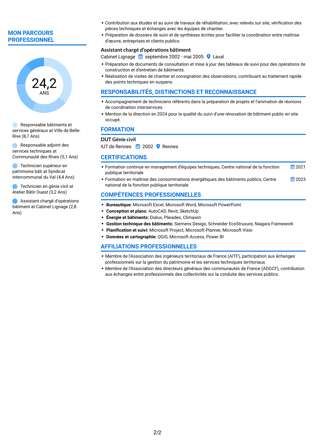 CV Audacieux (format à deux colonnes avec accents colorés et photo) : Responsable du service Bâtiments et Hygiène, page 2