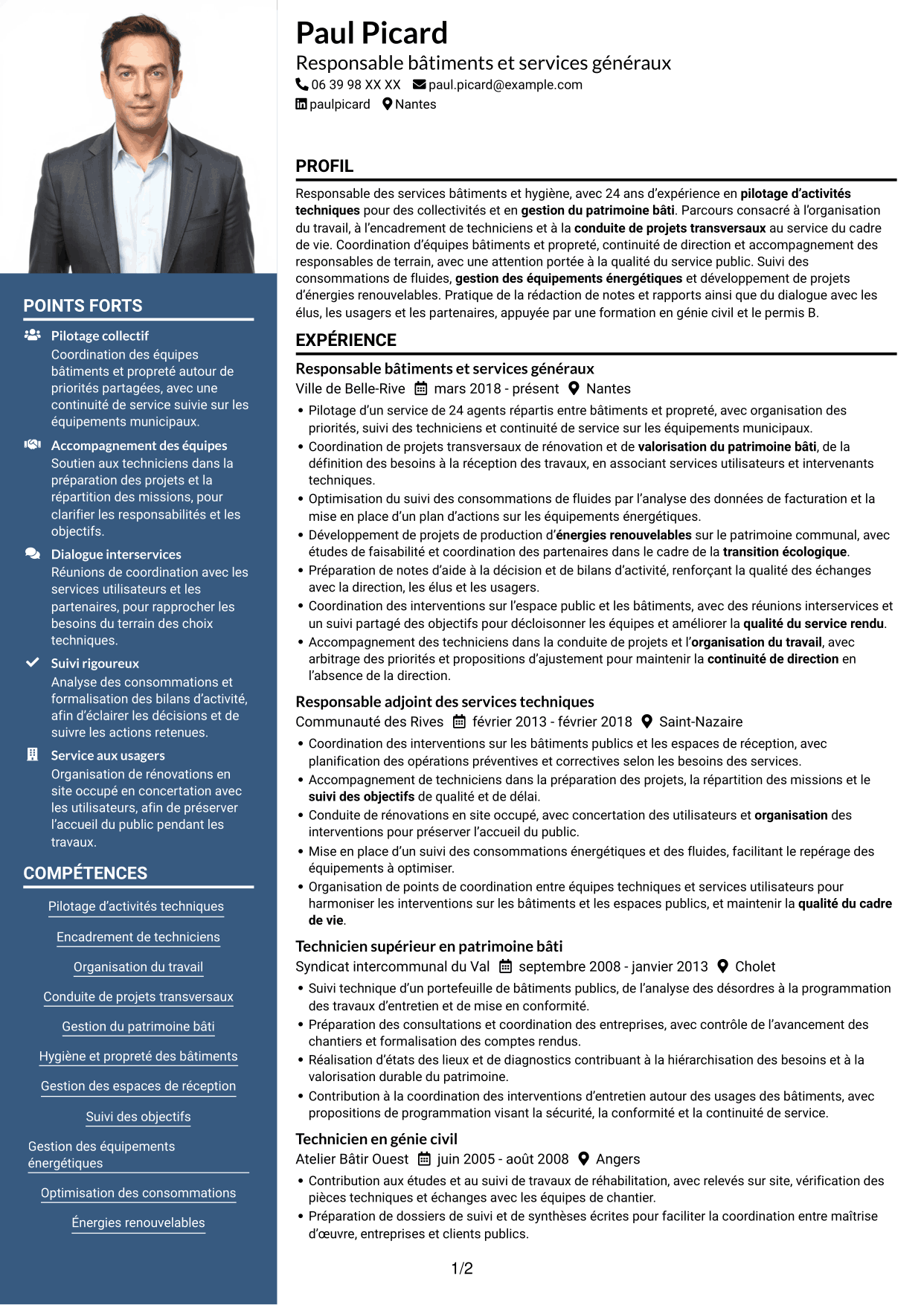 CV Signature (format à colonne latérale colorée avec grande photo) : Responsable du service Bâtiments et Hygiène, page 1