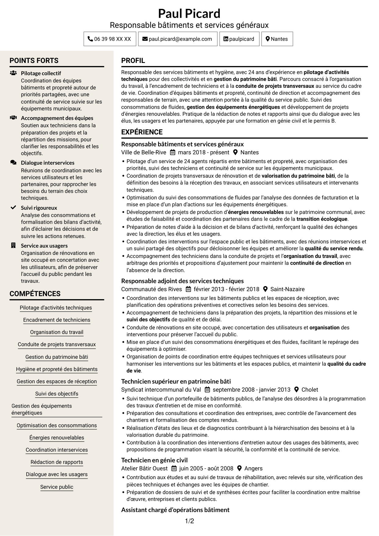 CV Fonceur (format à deux colonnes avec en-tête centré sans photo) : Responsable du service Bâtiments et Hygiène, page 1