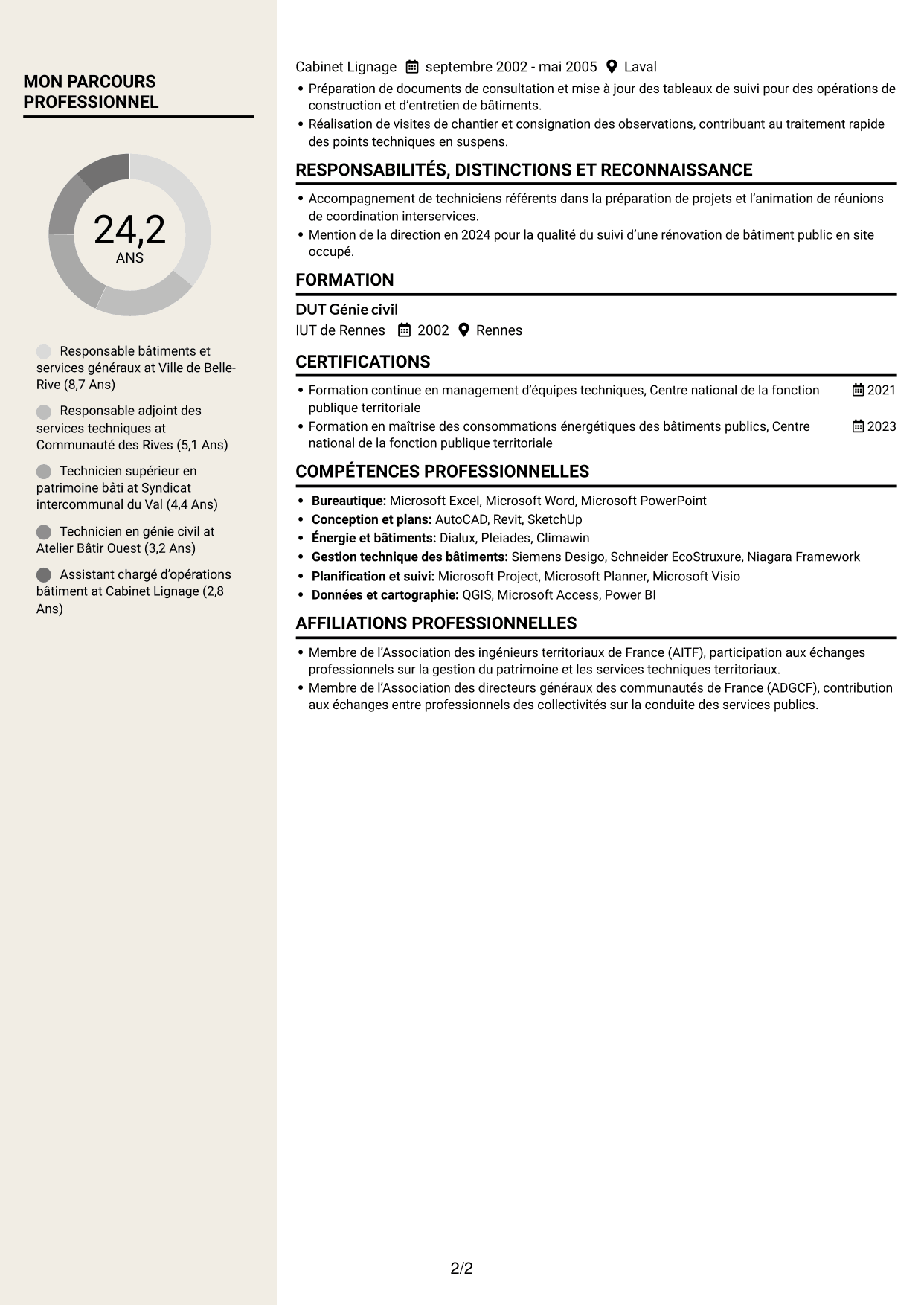 CV Fonceur (format à deux colonnes avec en-tête centré sans photo) : Responsable du service Bâtiments et Hygiène, page 2
