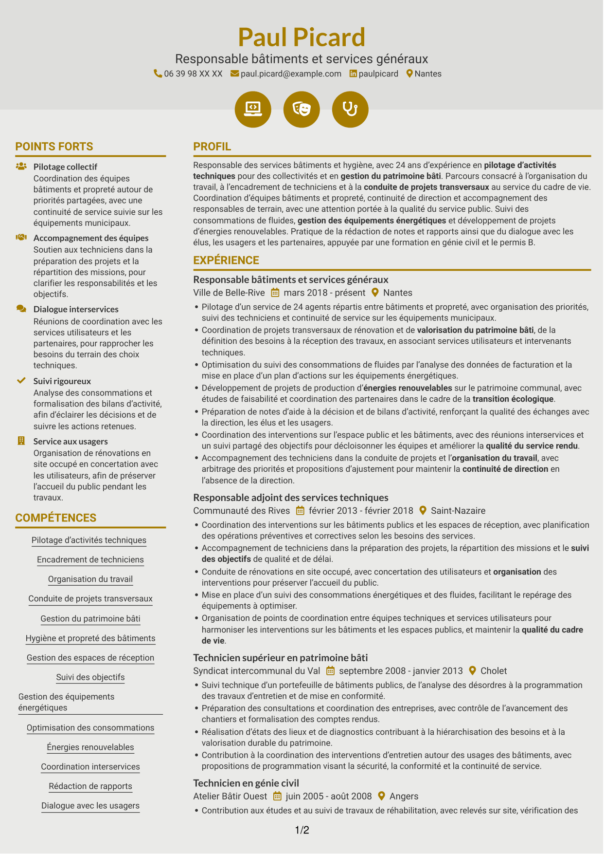 CV Dynamique (format à deux colonnes avec icônes) : Responsable du service Bâtiments et Hygiène, page 1