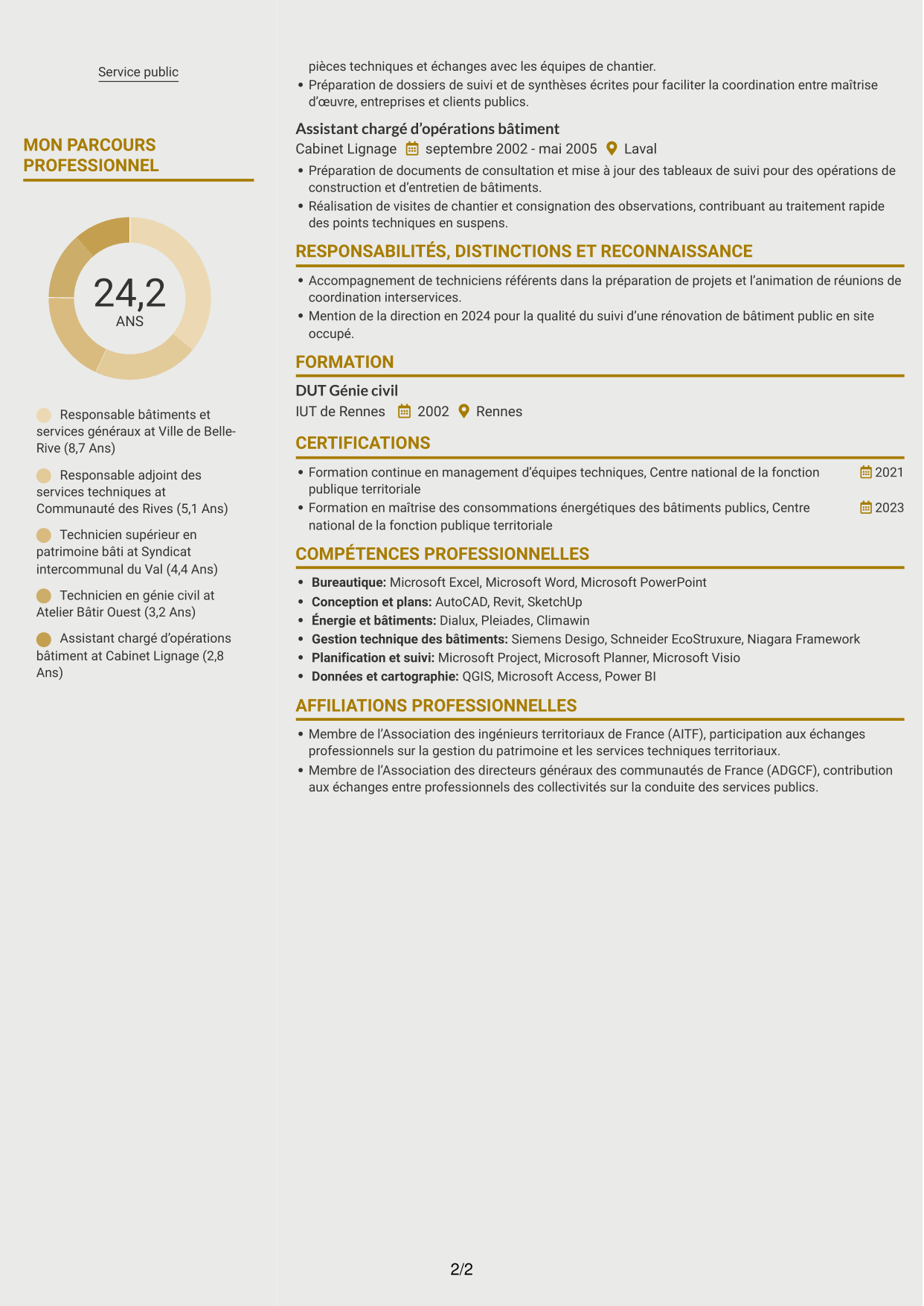 CV Dynamique (format à deux colonnes avec icônes) : Responsable du service Bâtiments et Hygiène, page 2