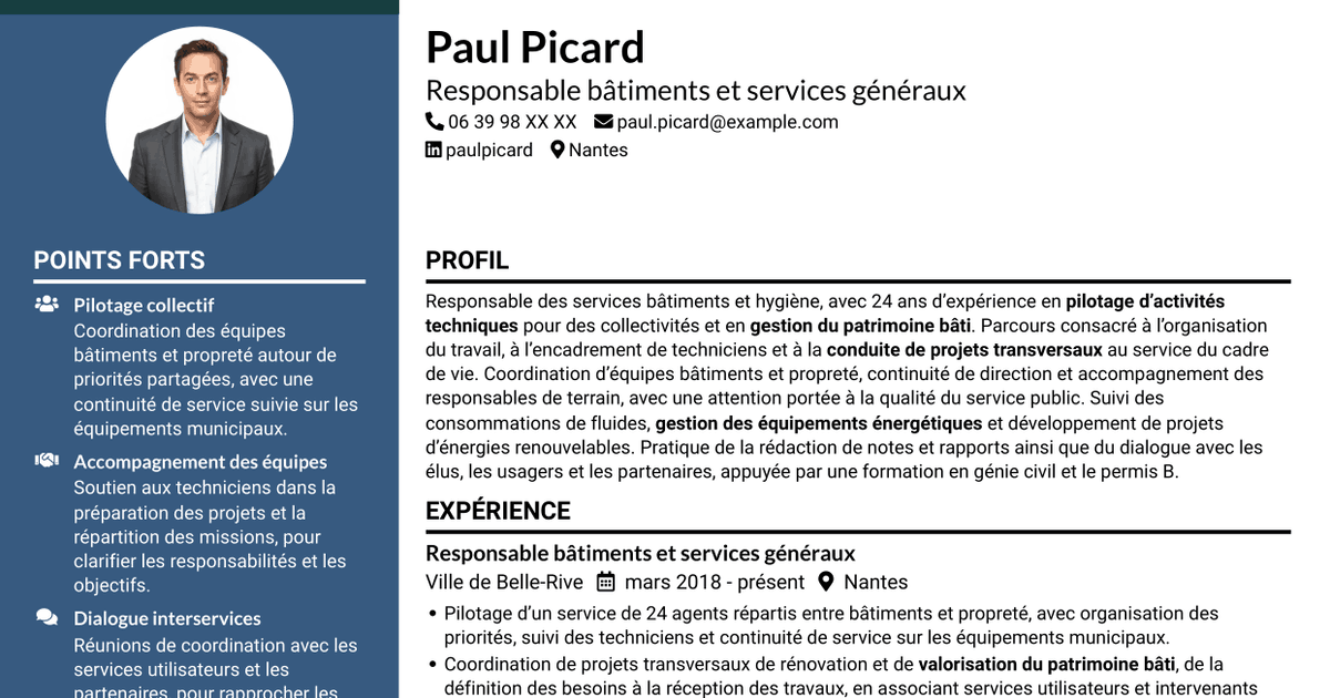 7 modèles de CV pour Responsable du service Bâtiments et Hygiène, avec exemples
