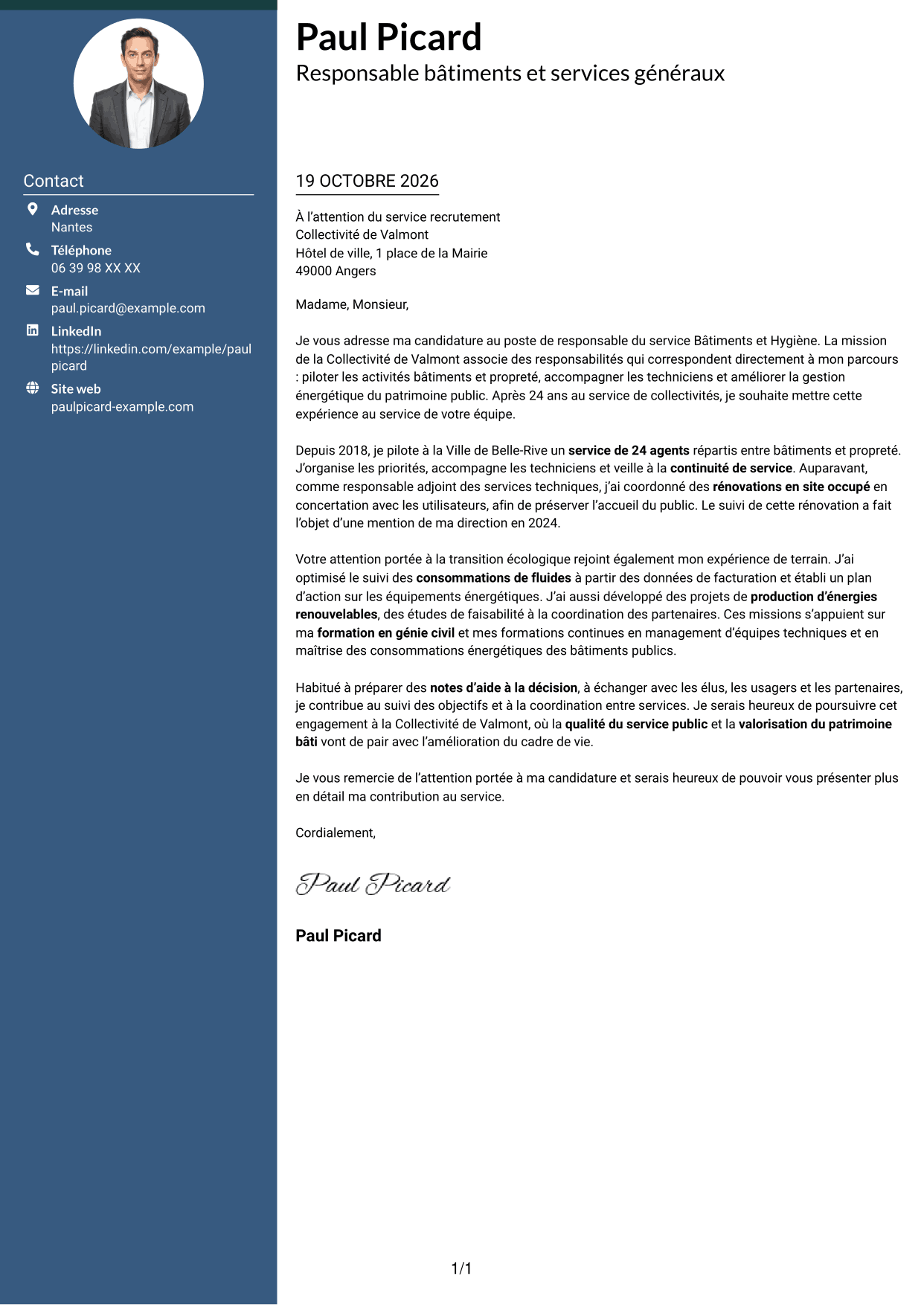 Lettre de motivation Élégant (format à colonne latérale colorée avec photo) : Responsable du service Bâtiments et Hygiène, page 1