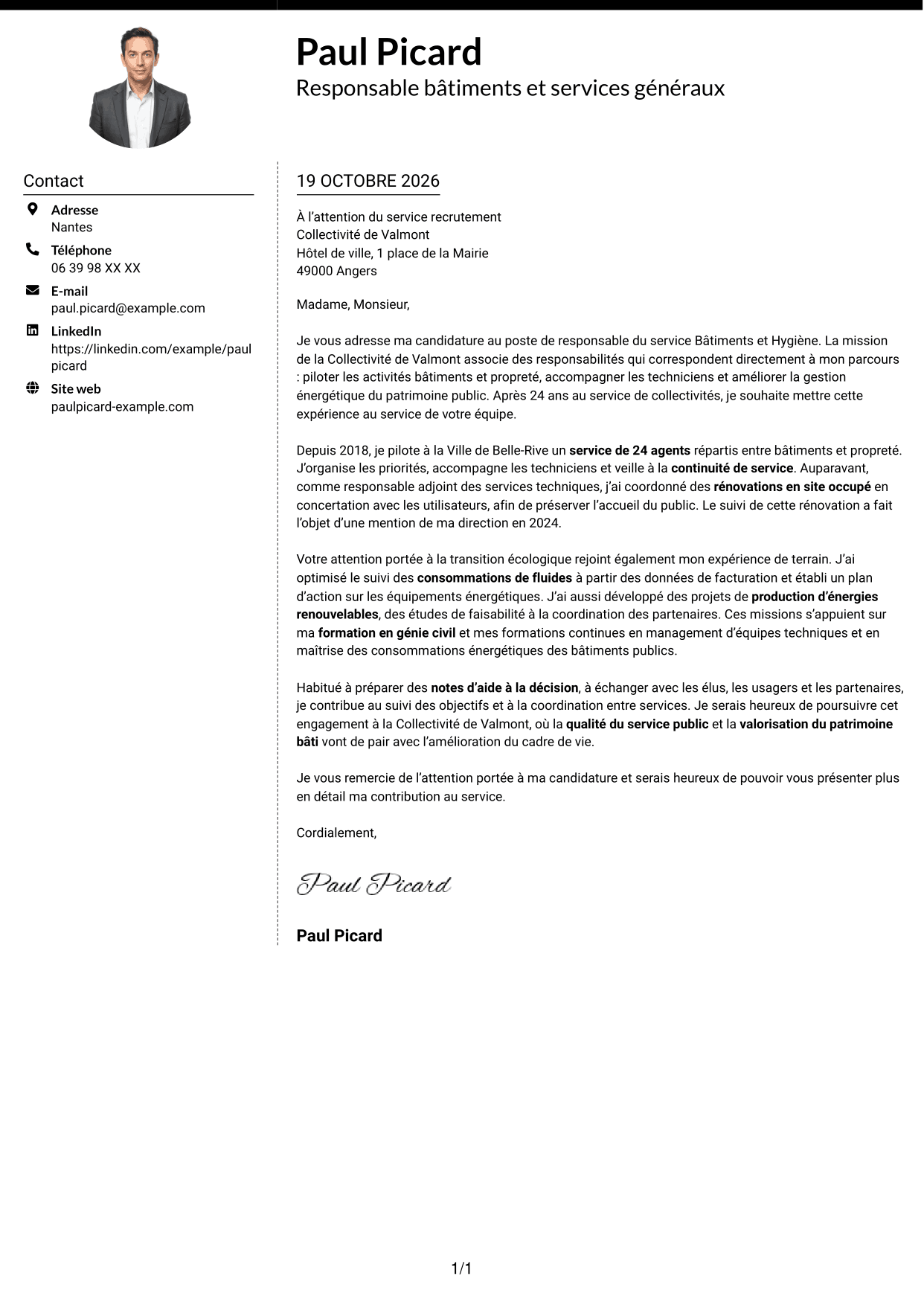 Lettre de motivation Moderne (format à deux colonnes avec photo à gauche et séparateur) : Responsable du service Bâtiments et Hygiène, page 1