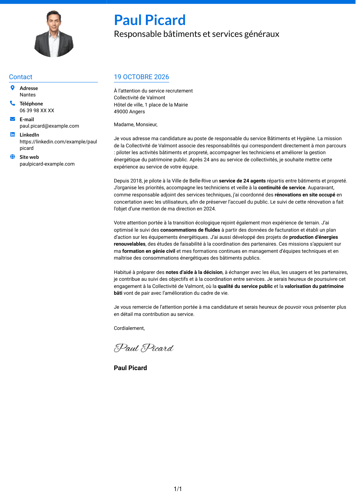 Lettre de motivation Audacieux (format à deux colonnes avec accents colorés et photo) : Responsable du service Bâtiments et Hygiène, page 1