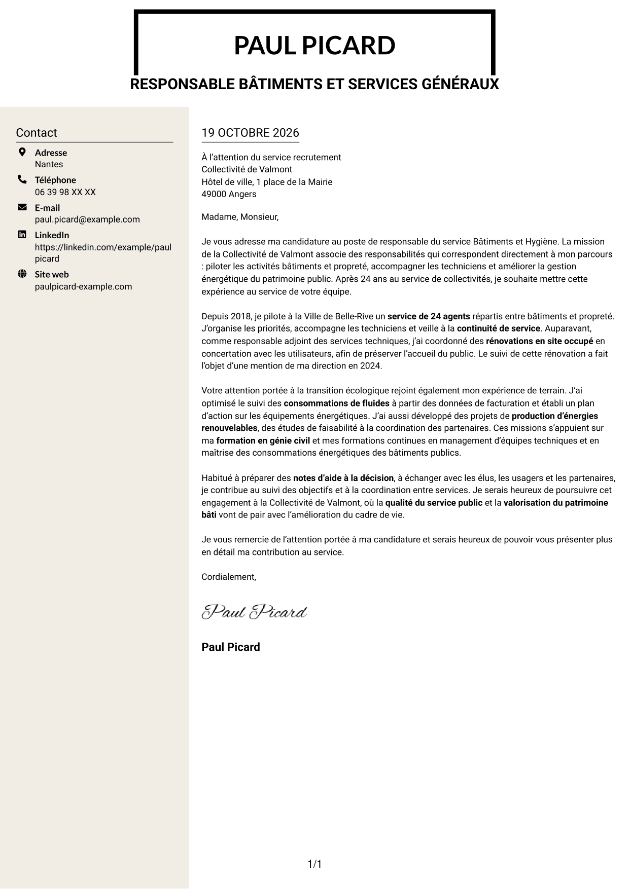 Lettre de motivation Fonceur (format à deux colonnes avec en-tête centré sans photo) : Responsable du service Bâtiments et Hygiène, page 1