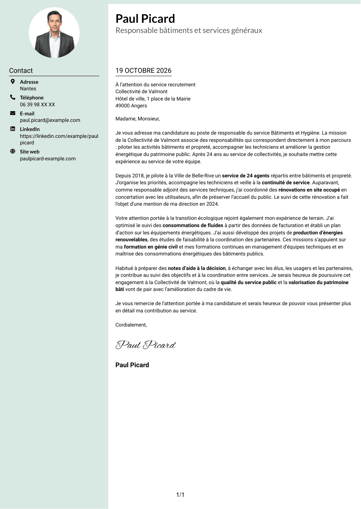 Lettre de motivation Cadre (format à colonne latérale douce avec photo arrondie) : Responsable du service Bâtiments et Hygiène, page 1