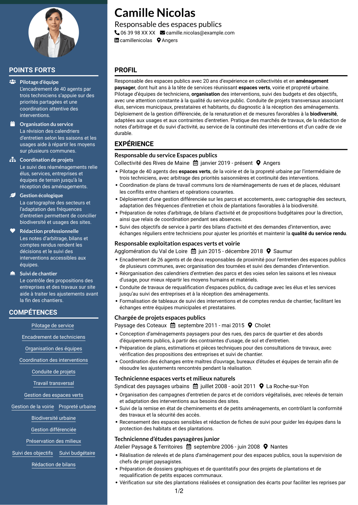 CV Élégant (format à colonne latérale colorée avec photo) : Responsable du service Espace public - Biodiversité et gestion durable, page 1