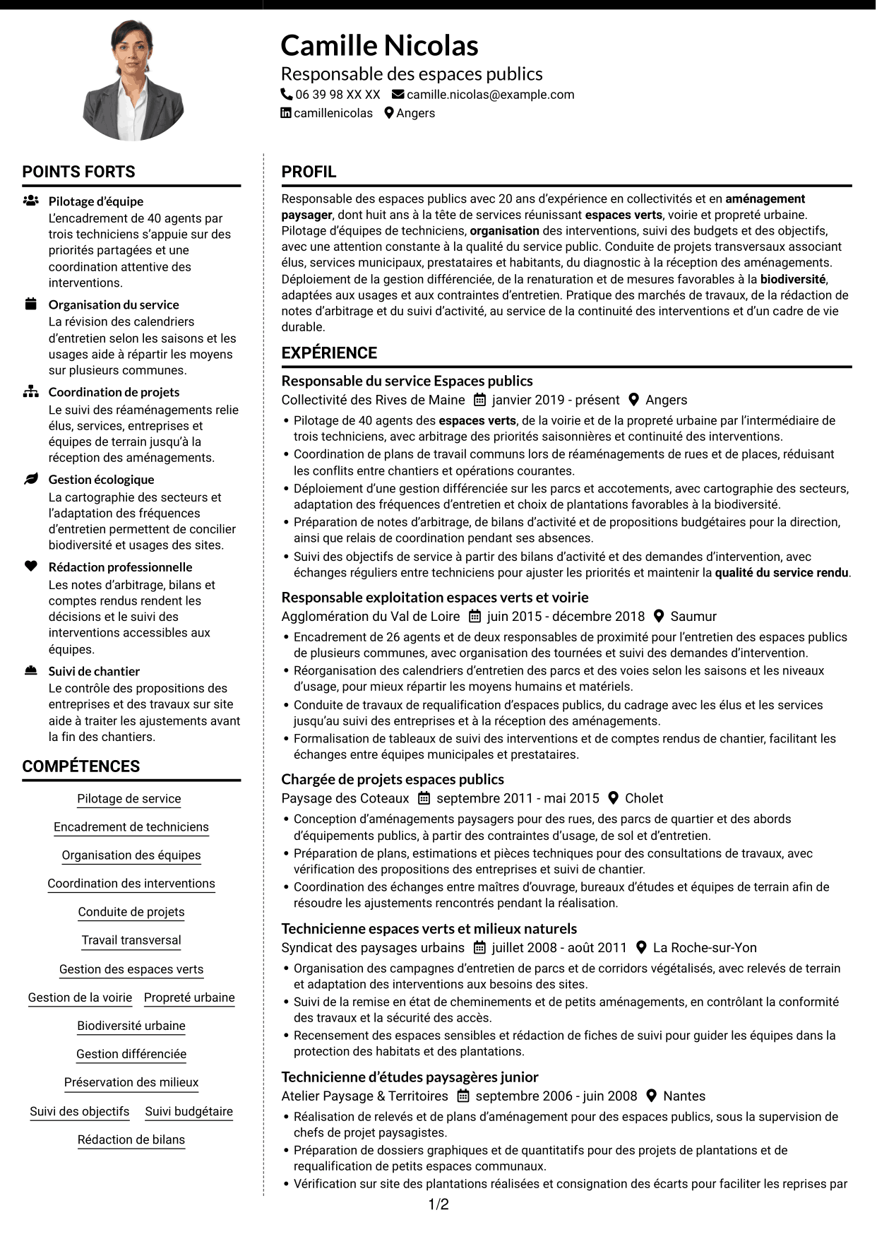 CV Moderne (format à deux colonnes avec photo à gauche et séparateur) : Responsable du service Espace public - Biodiversité et gestion durable, page 1