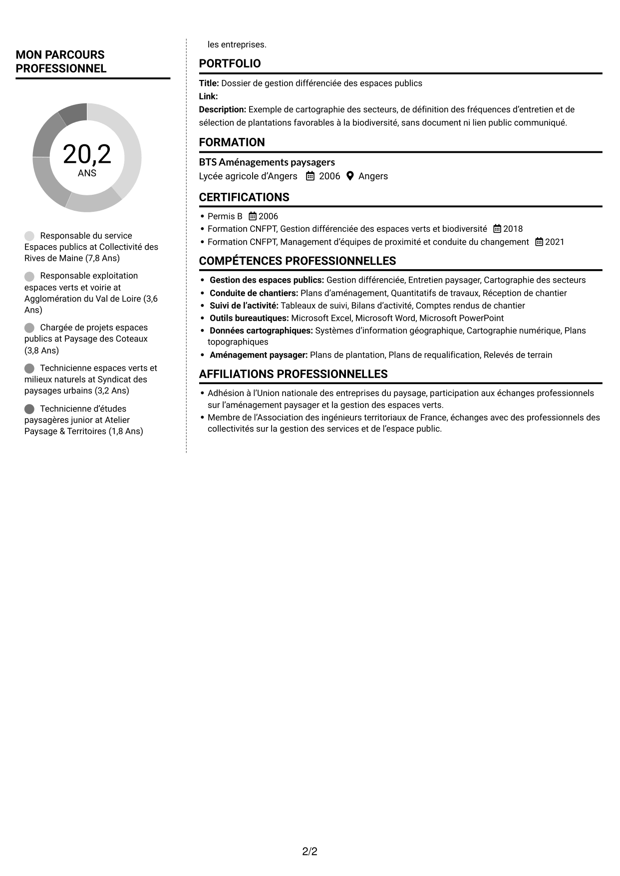 CV Moderne (format à deux colonnes avec photo à gauche et séparateur) : Responsable du service Espace public - Biodiversité et gestion durable, page 2