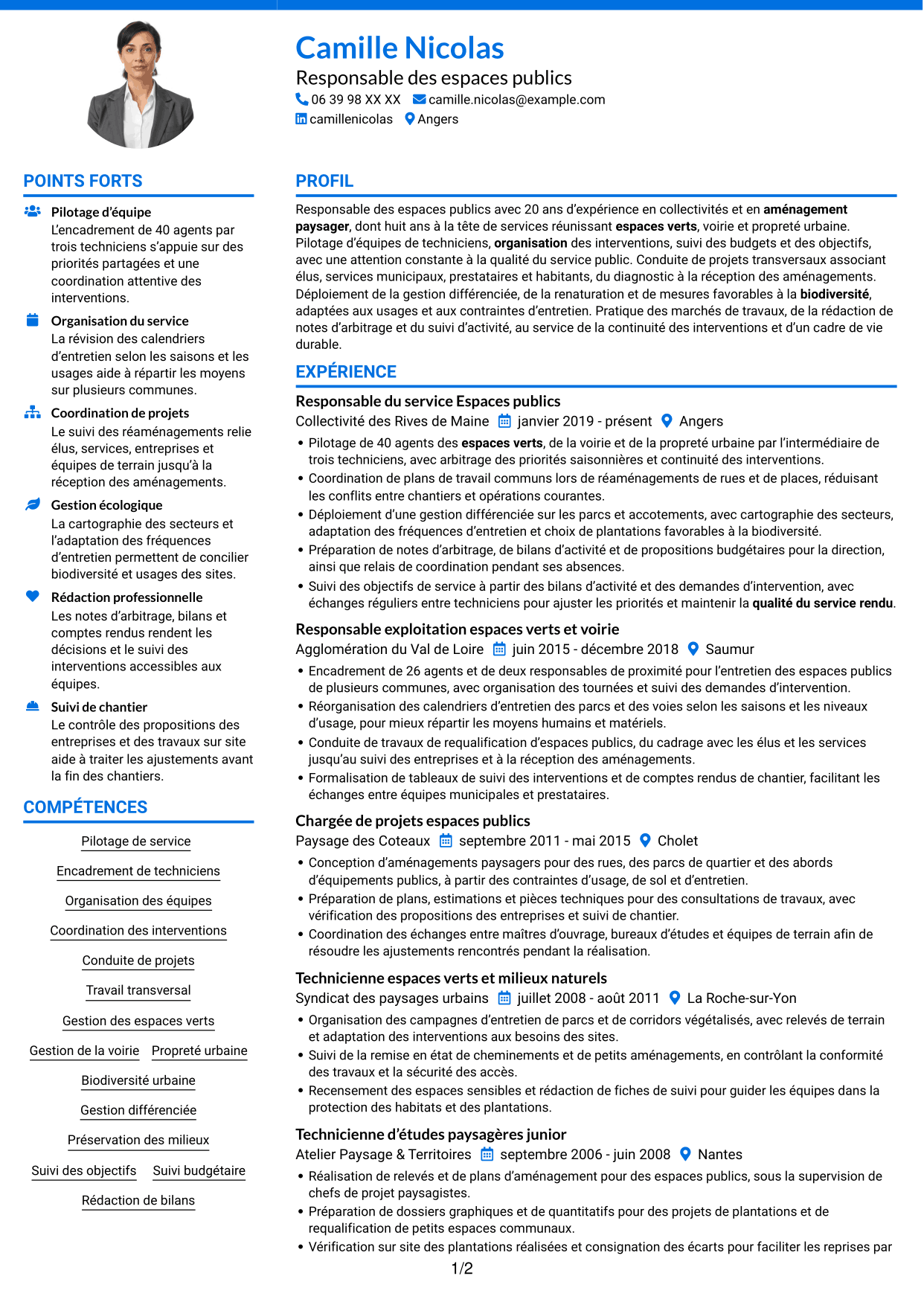 CV Audacieux (format à deux colonnes avec accents colorés et photo) : Responsable du service Espace public - Biodiversité et gestion durable, page 1