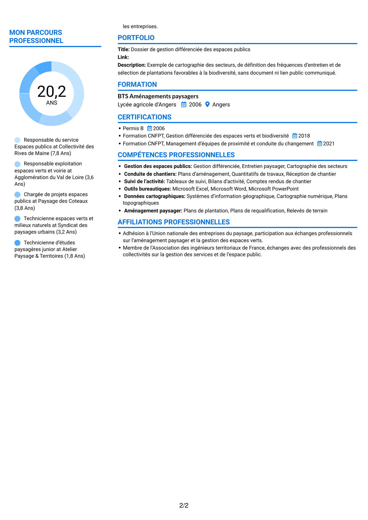 CV Audacieux (format à deux colonnes avec accents colorés et photo) : Responsable du service Espace public - Biodiversité et gestion durable, page 2