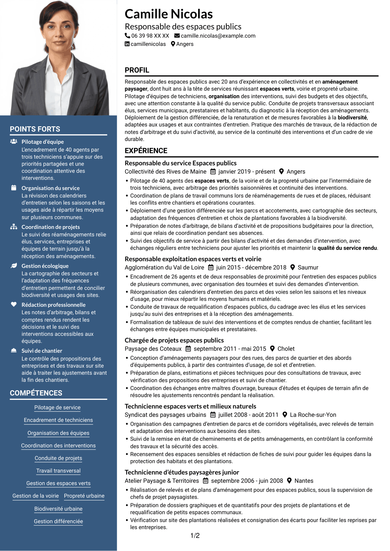 CV Signature (format à colonne latérale colorée avec grande photo) : Responsable du service Espace public - Biodiversité et gestion durable, page 1