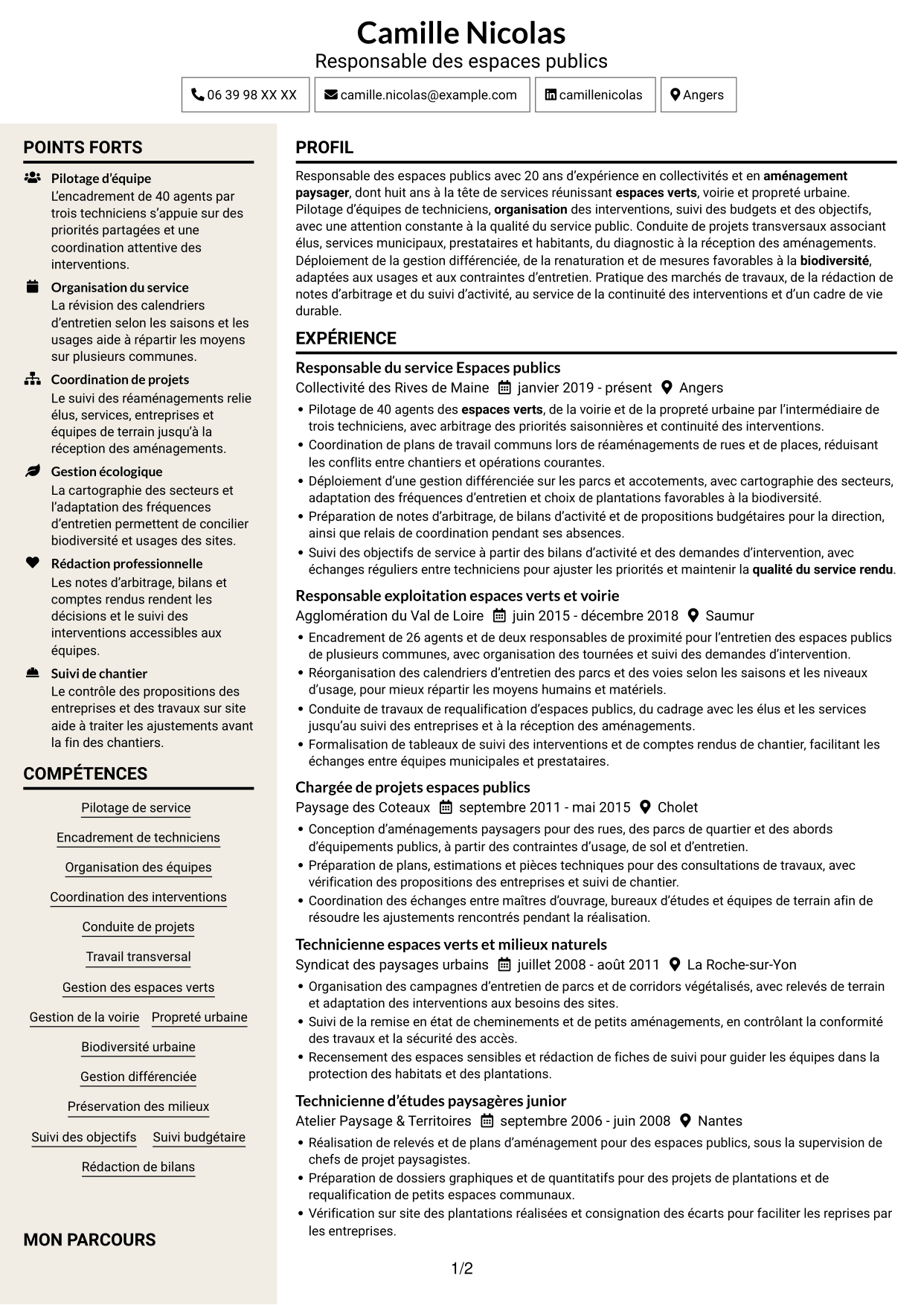 CV Fonceur (format à deux colonnes avec en-tête centré sans photo) : Responsable du service Espace public - Biodiversité et gestion durable, page 1