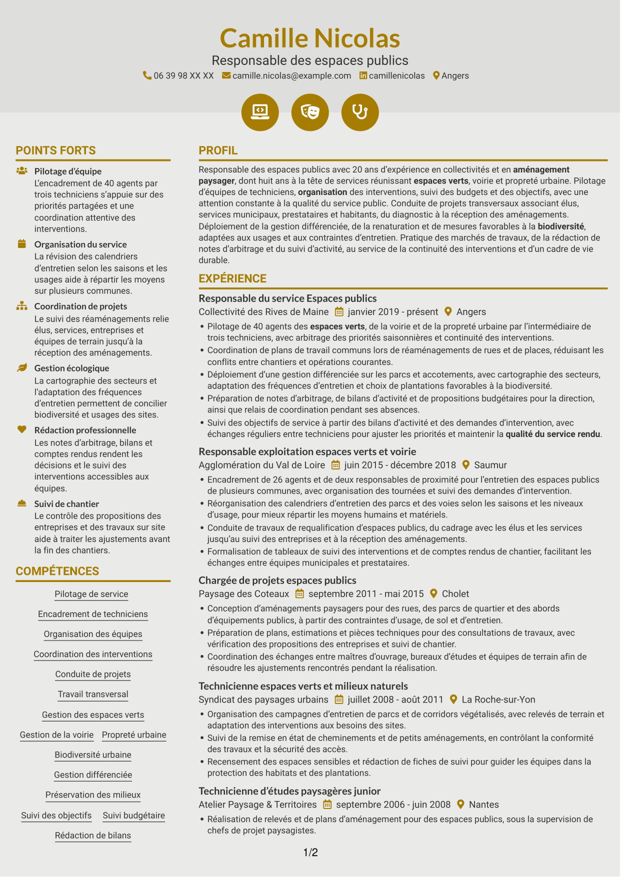 CV Dynamique (format à deux colonnes avec icônes) : Responsable du service Espace public - Biodiversité et gestion durable, page 1