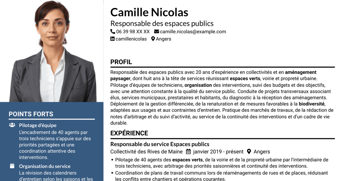 7 modèles de CV pour Responsable du service Espace public - Biodiversité et gestion durable, avec exemples