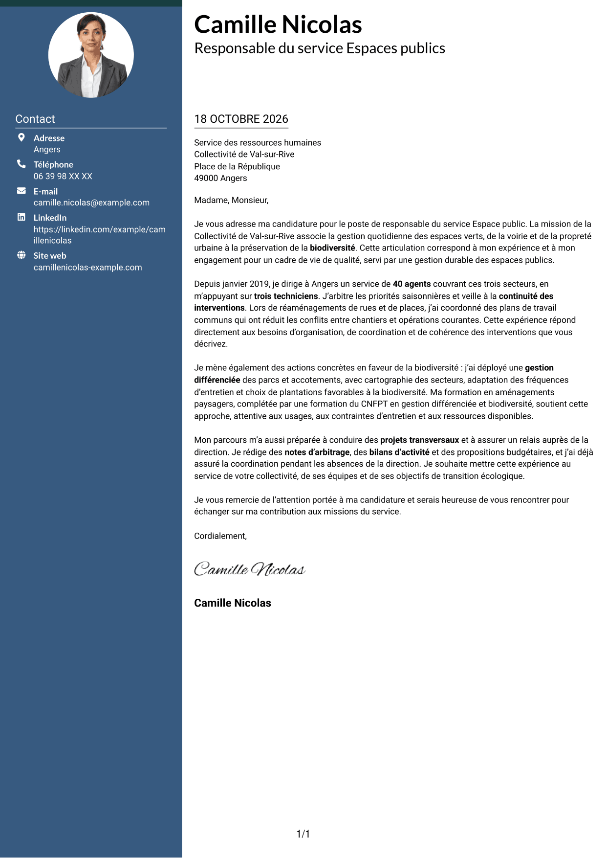 Lettre de motivation Élégant (format à colonne latérale colorée avec photo) : Responsable du service Espace public - Biodiversité et gestion durable, page 1