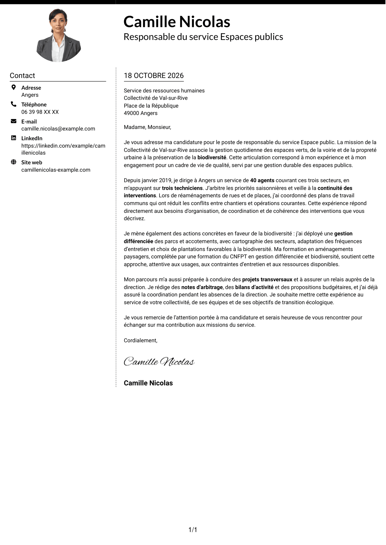 Lettre de motivation Moderne (format à deux colonnes avec photo à gauche et séparateur) : Responsable du service Espace public - Biodiversité et gestion durable, page 1
