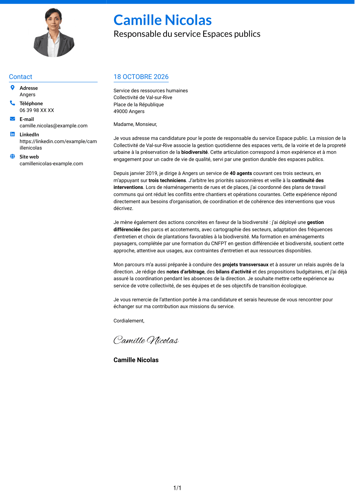 Lettre de motivation Audacieux (format à deux colonnes avec accents colorés et photo) : Responsable du service Espace public - Biodiversité et gestion durable, page 1