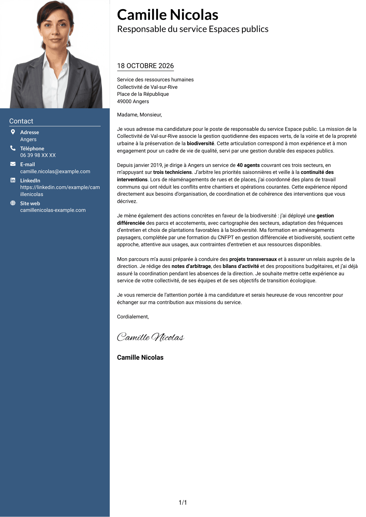 Lettre de motivation Signature (format à colonne latérale colorée avec grande photo) : Responsable du service Espace public - Biodiversité et gestion durable, page 1