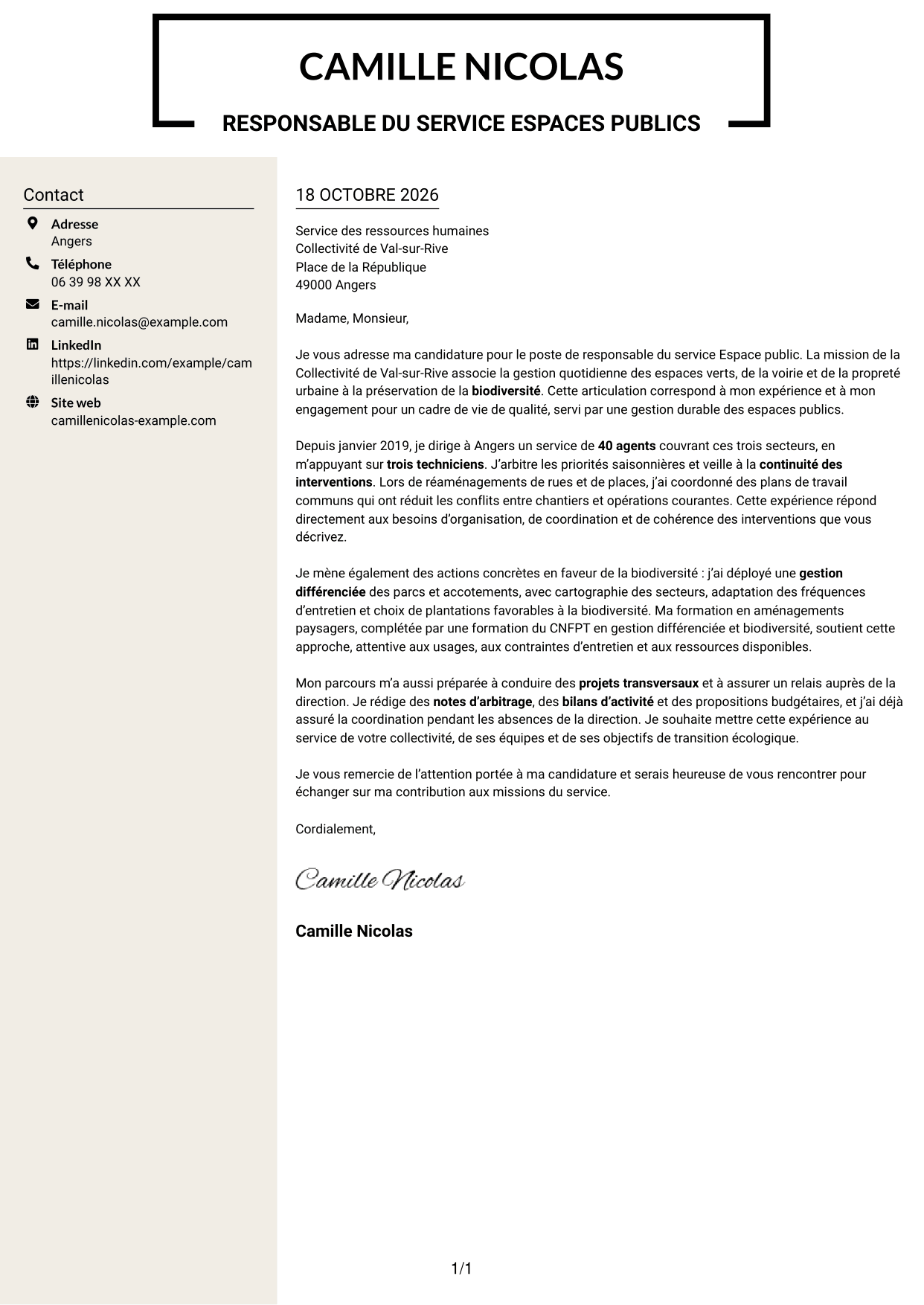 Lettre de motivation Fonceur (format à deux colonnes avec en-tête centré sans photo) : Responsable du service Espace public - Biodiversité et gestion durable, page 1