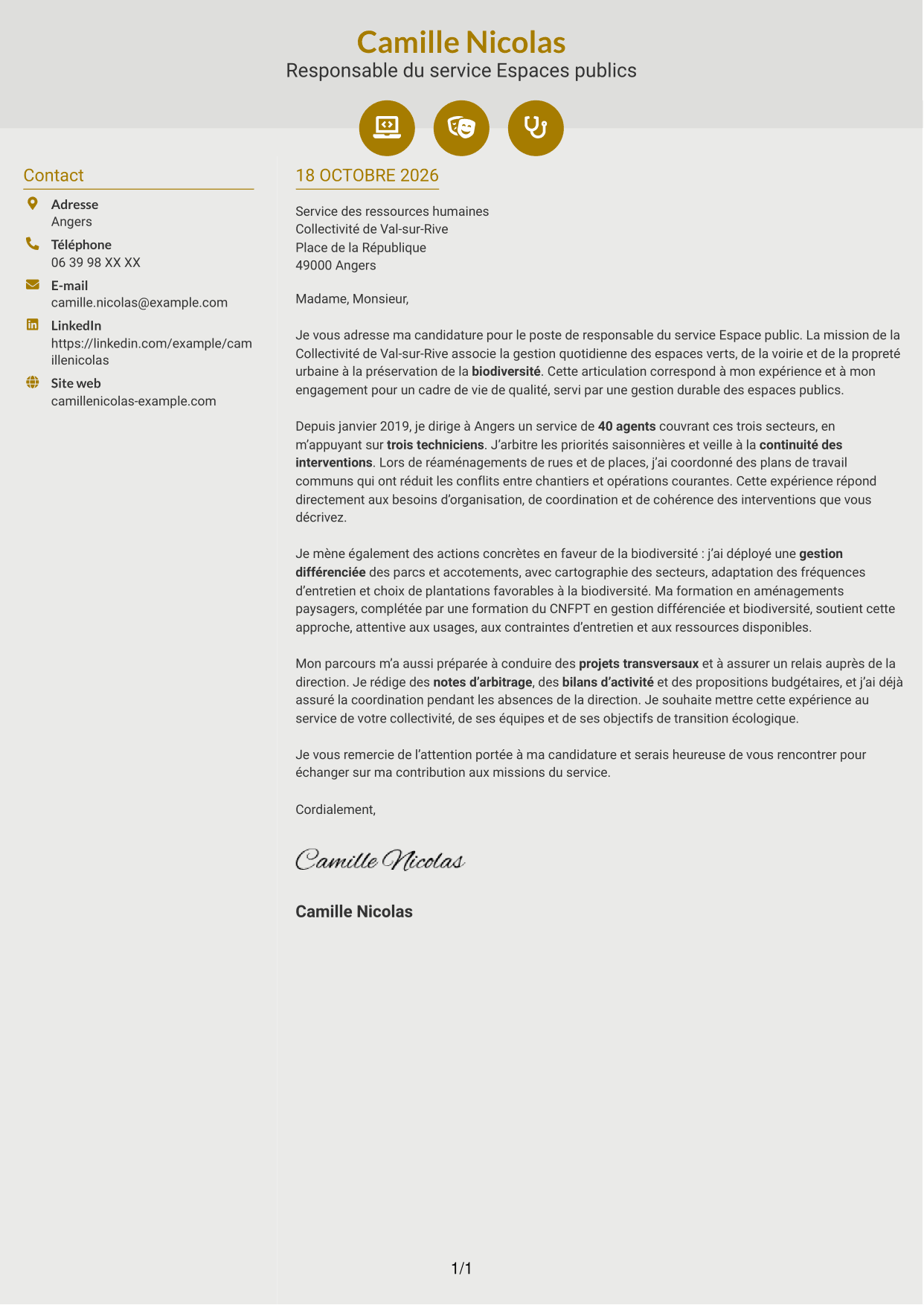 Lettre de motivation Dynamique (format à deux colonnes avec icônes) : Responsable du service Espace public - Biodiversité et gestion durable, page 1