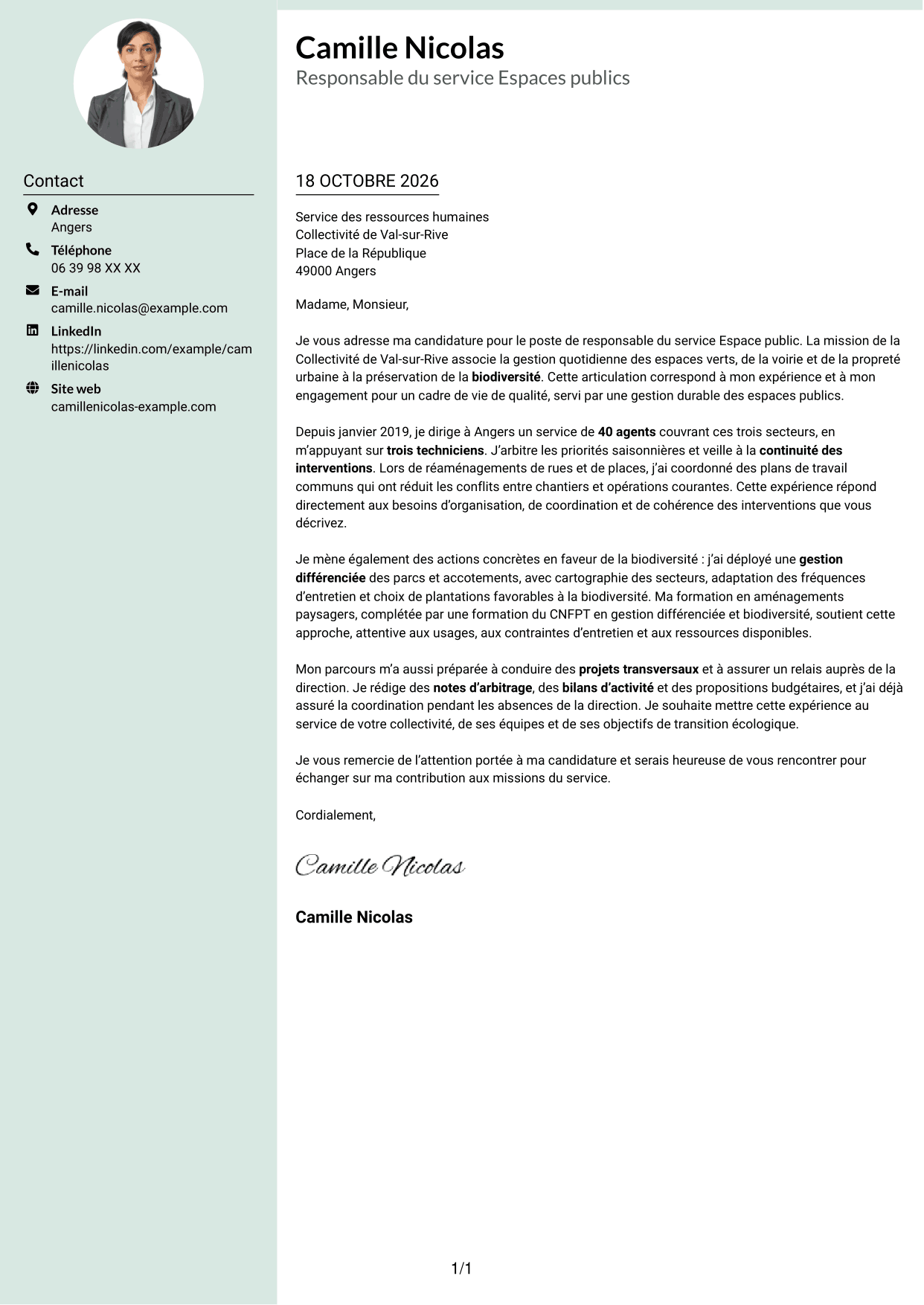 Lettre de motivation Cadre (format à colonne latérale douce avec photo arrondie) : Responsable du service Espace public - Biodiversité et gestion durable, page 1