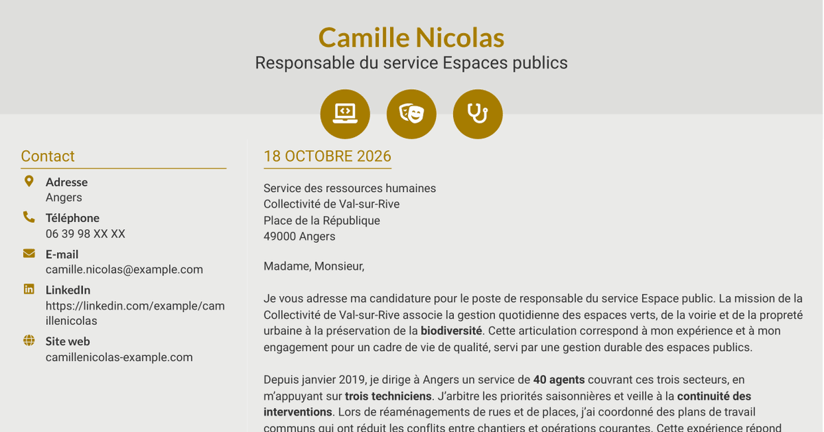 7 modèles de lettre de motivation pour Responsable du service Espace public - Biodiversité et gestion durable, avec exemples