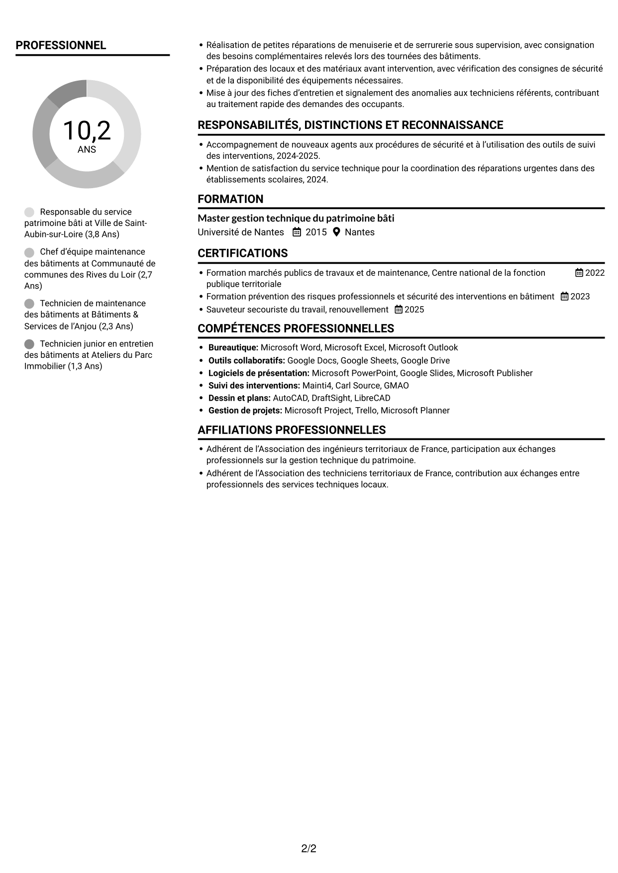 CV Compact (format sobre à deux colonnes avec photo) : Responsable du service patrimoine bâti, page 2