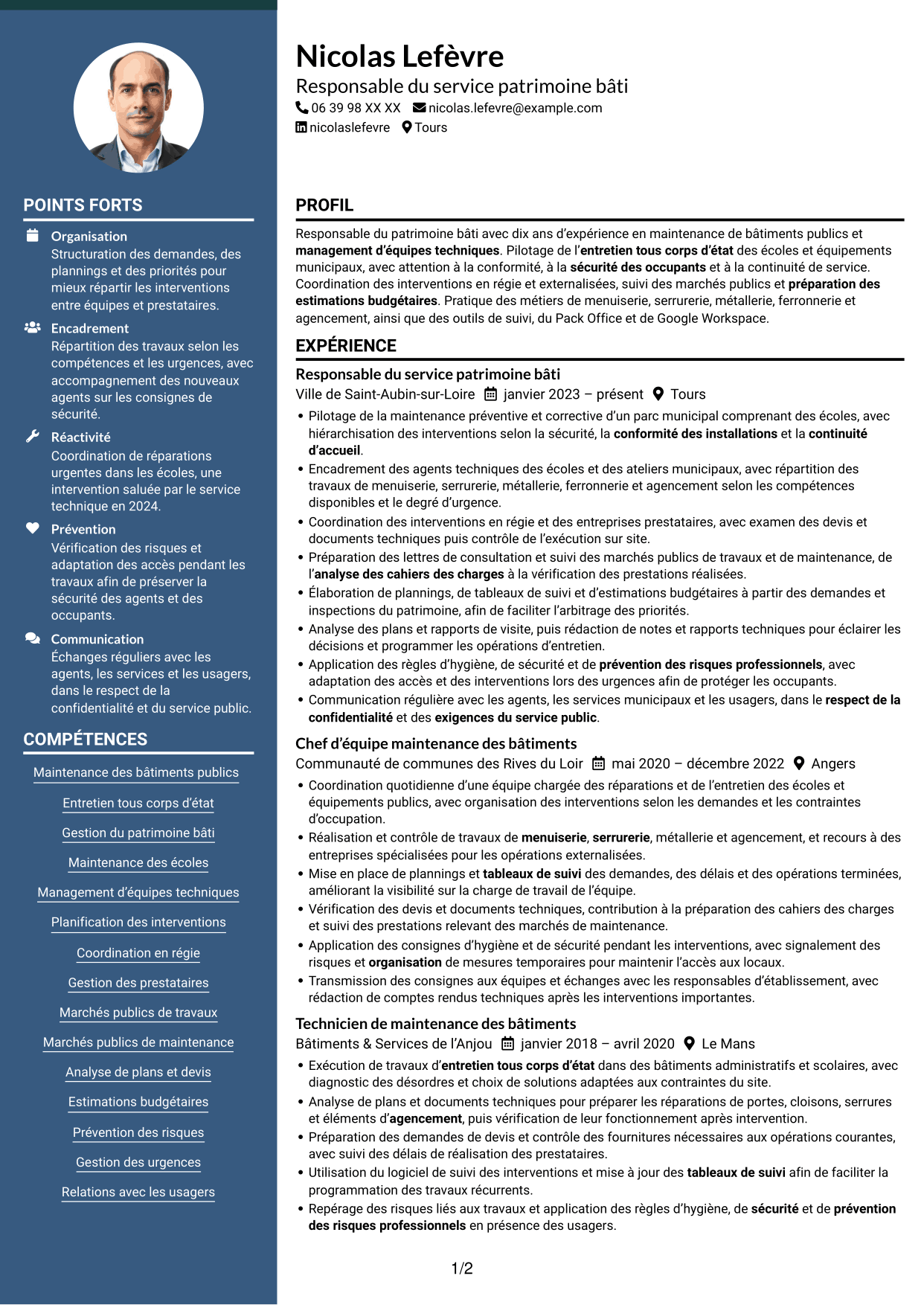 CV Élégant (format à colonne latérale colorée avec photo) : Responsable du service patrimoine bâti, page 1