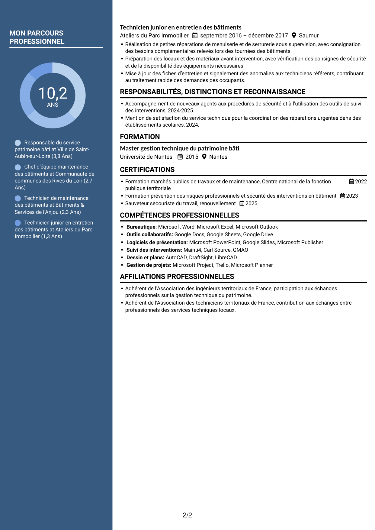 CV Élégant (format à colonne latérale colorée avec photo) : Responsable du service patrimoine bâti, page 2