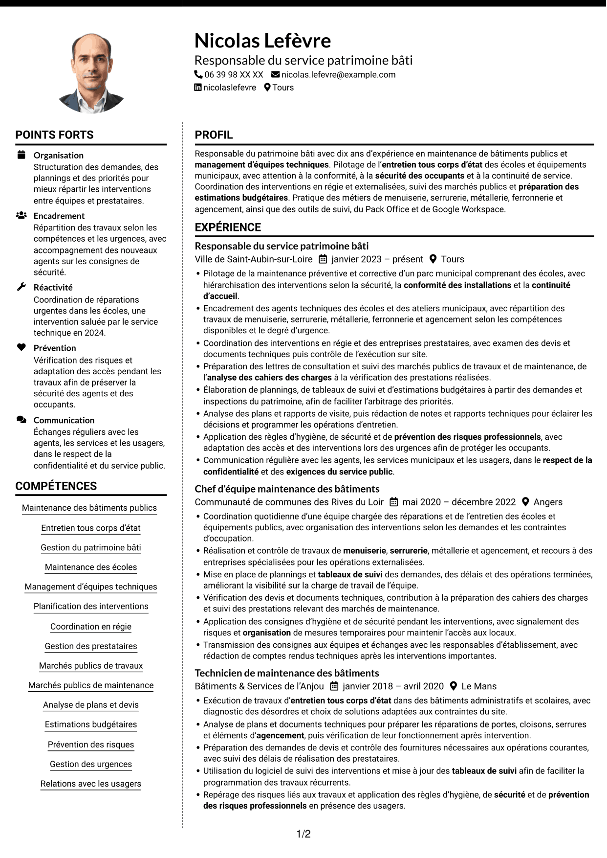 CV Moderne (format à deux colonnes avec photo à gauche et séparateur) : Responsable du service patrimoine bâti, page 1