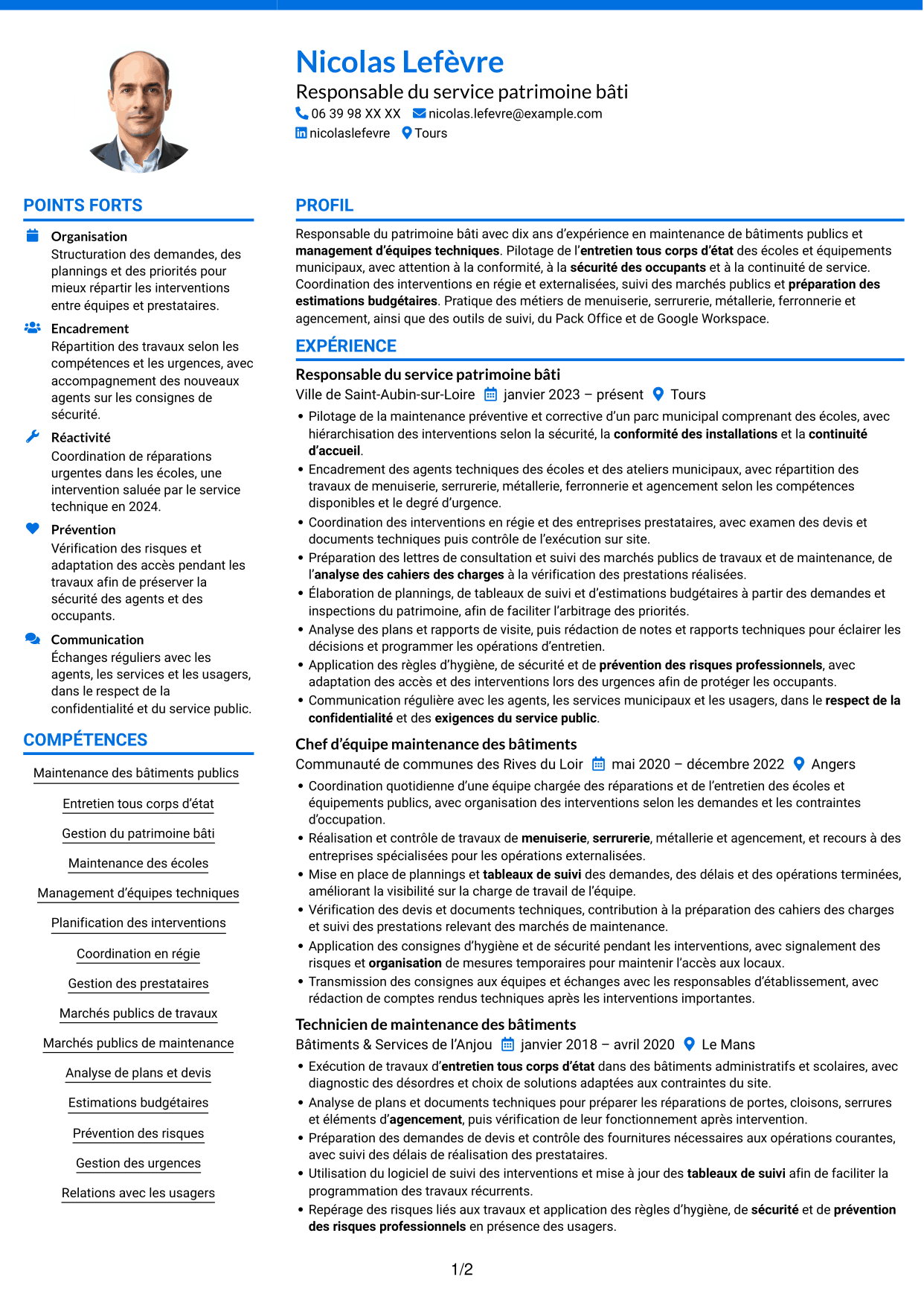 CV Audacieux (format à deux colonnes avec accents colorés et photo) : Responsable du service patrimoine bâti, page 1