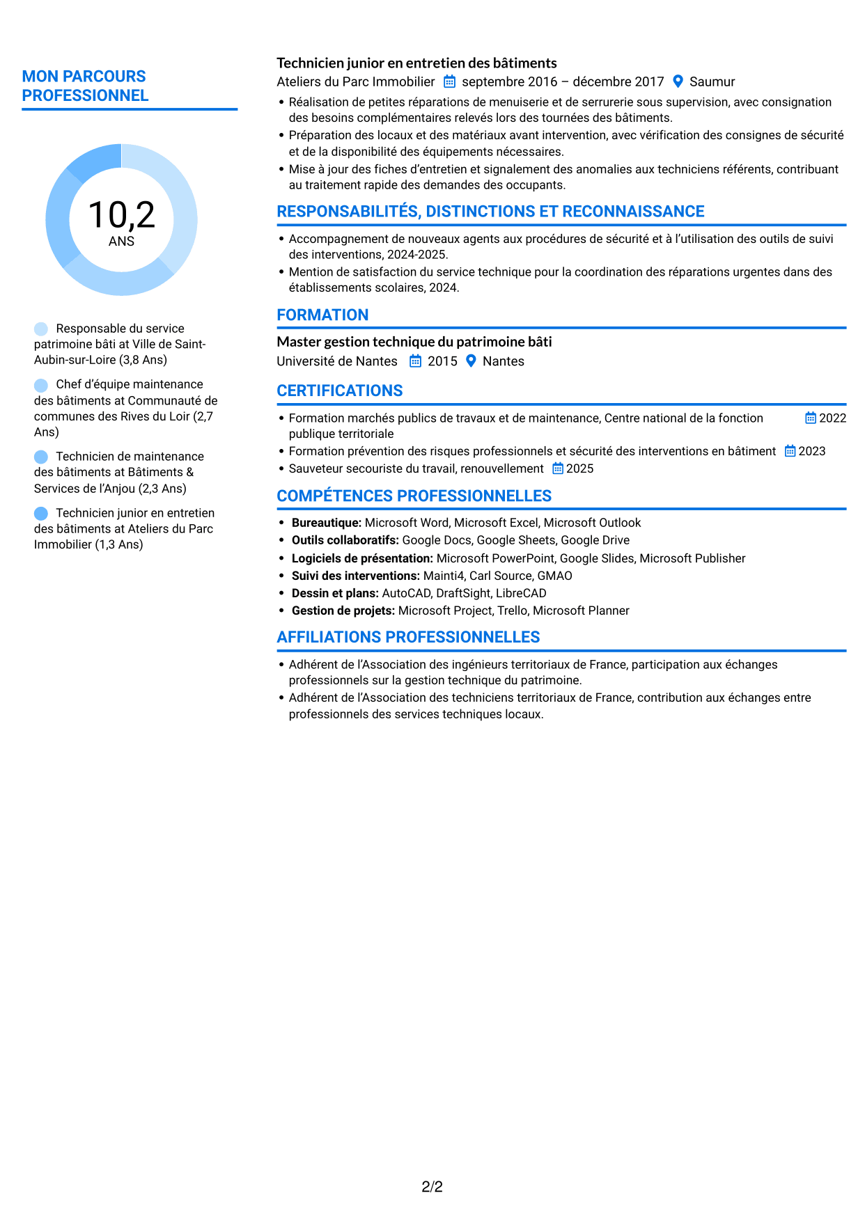CV Audacieux (format à deux colonnes avec accents colorés et photo) : Responsable du service patrimoine bâti, page 2