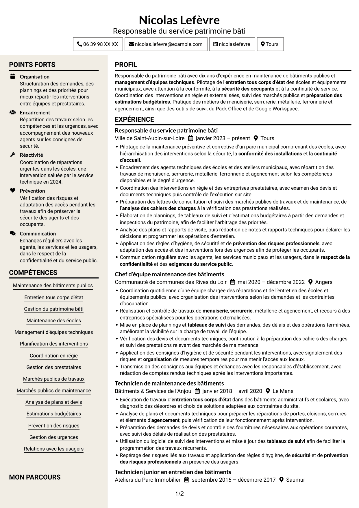 CV Fonceur (format à deux colonnes avec en-tête centré sans photo) : Responsable du service patrimoine bâti, page 1
