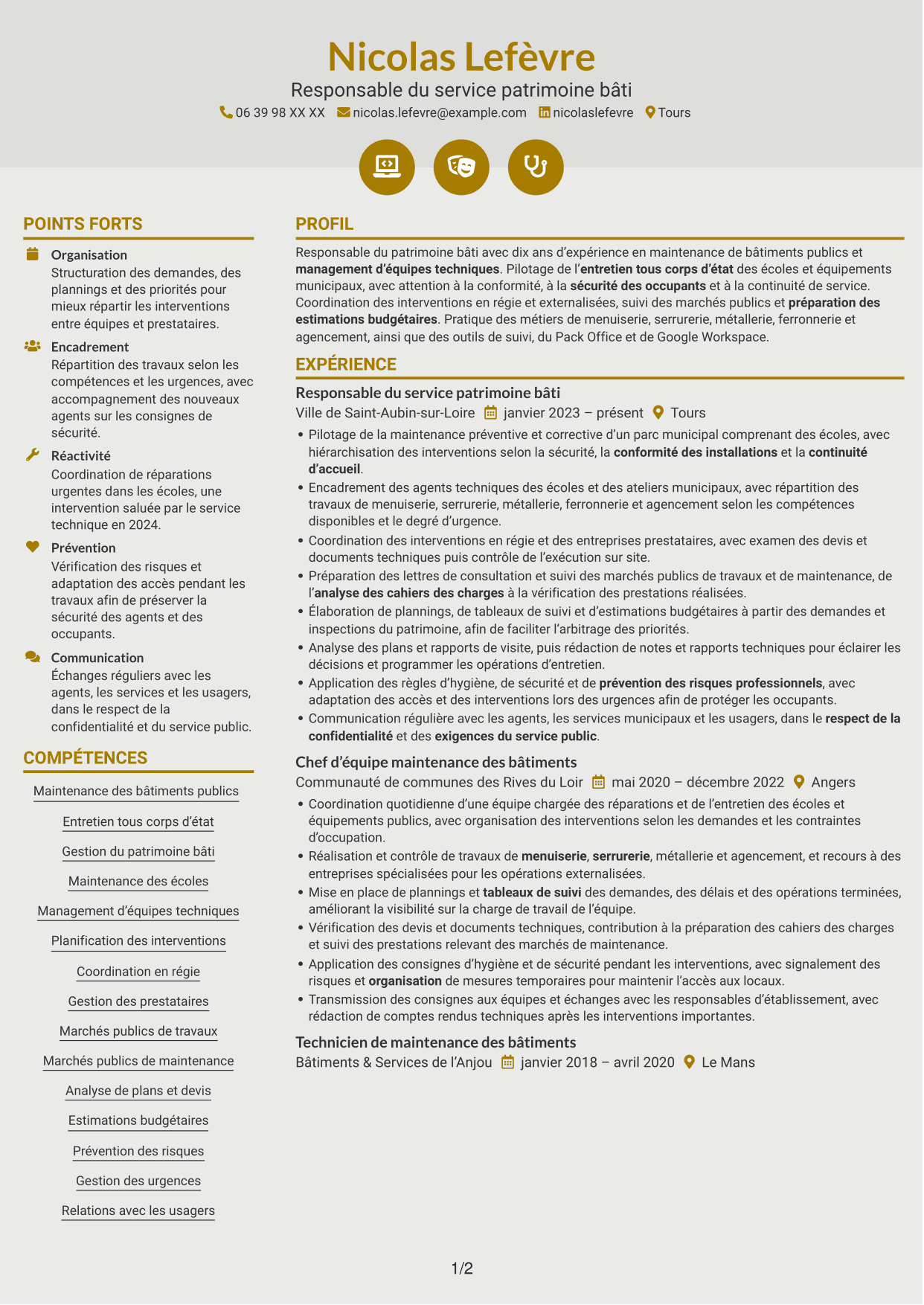 CV Dynamique (format à deux colonnes avec icônes) : Responsable du service patrimoine bâti, page 1