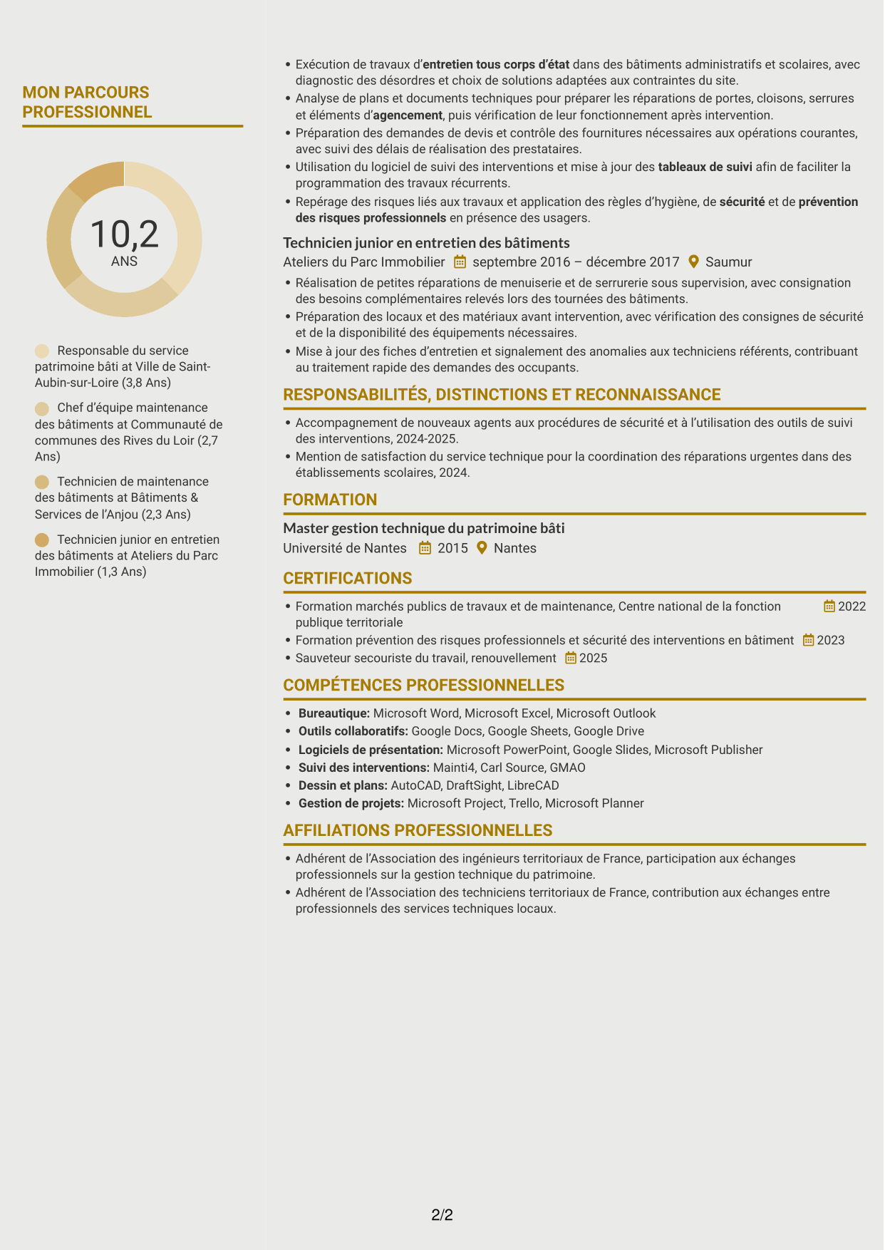 CV Dynamique (format à deux colonnes avec icônes) : Responsable du service patrimoine bâti, page 2