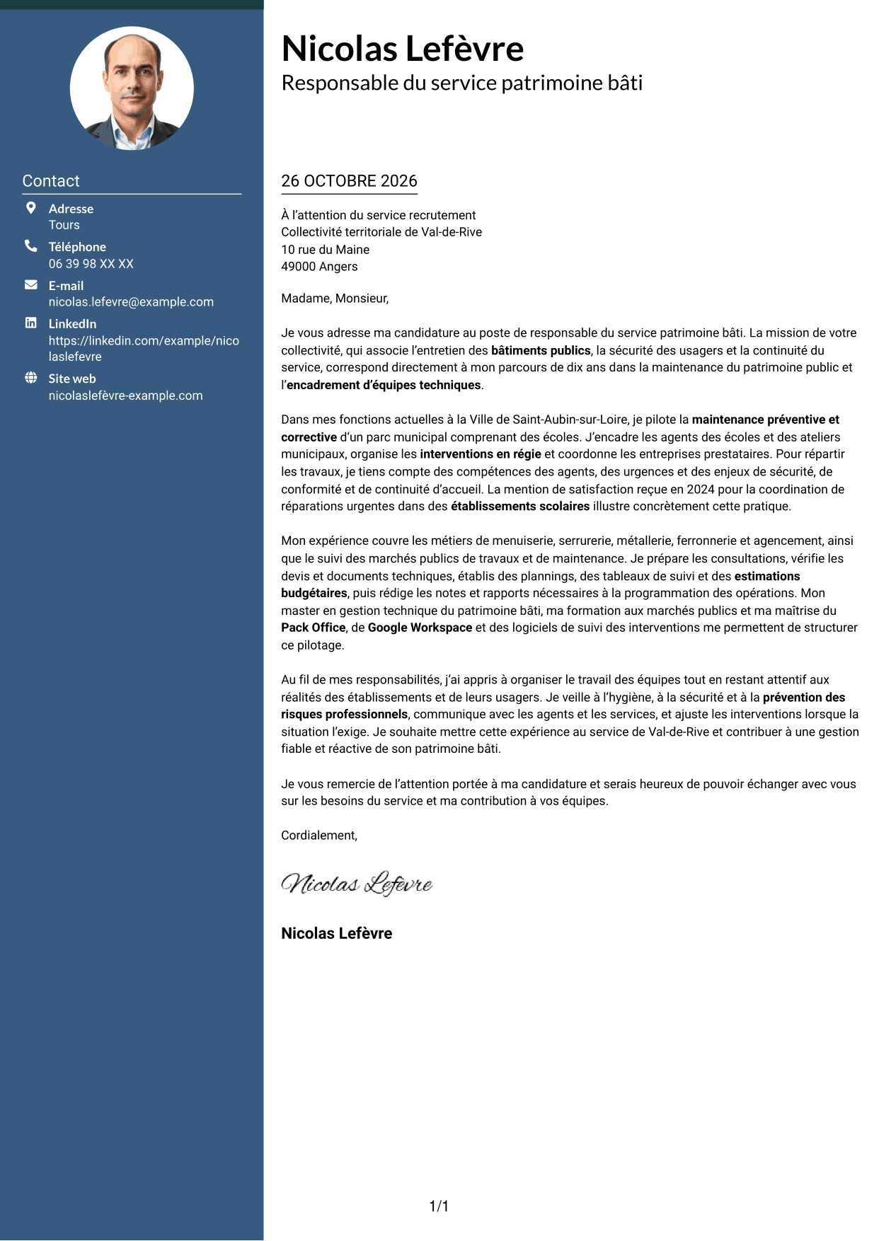 Lettre de motivation Élégant (format à colonne latérale colorée avec photo) : Responsable du service patrimoine bâti, page 1