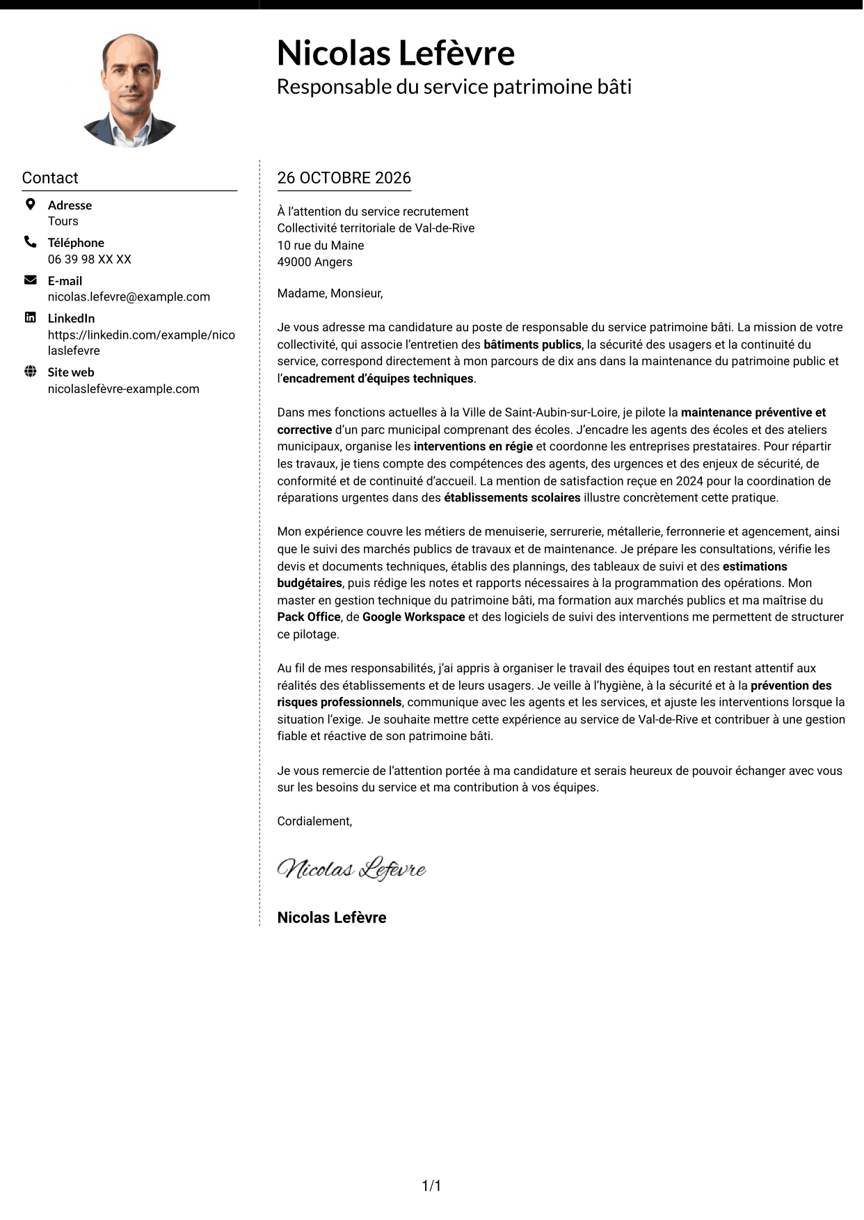Lettre de motivation Moderne (format à deux colonnes avec photo à gauche et séparateur) : Responsable du service patrimoine bâti, page 1
