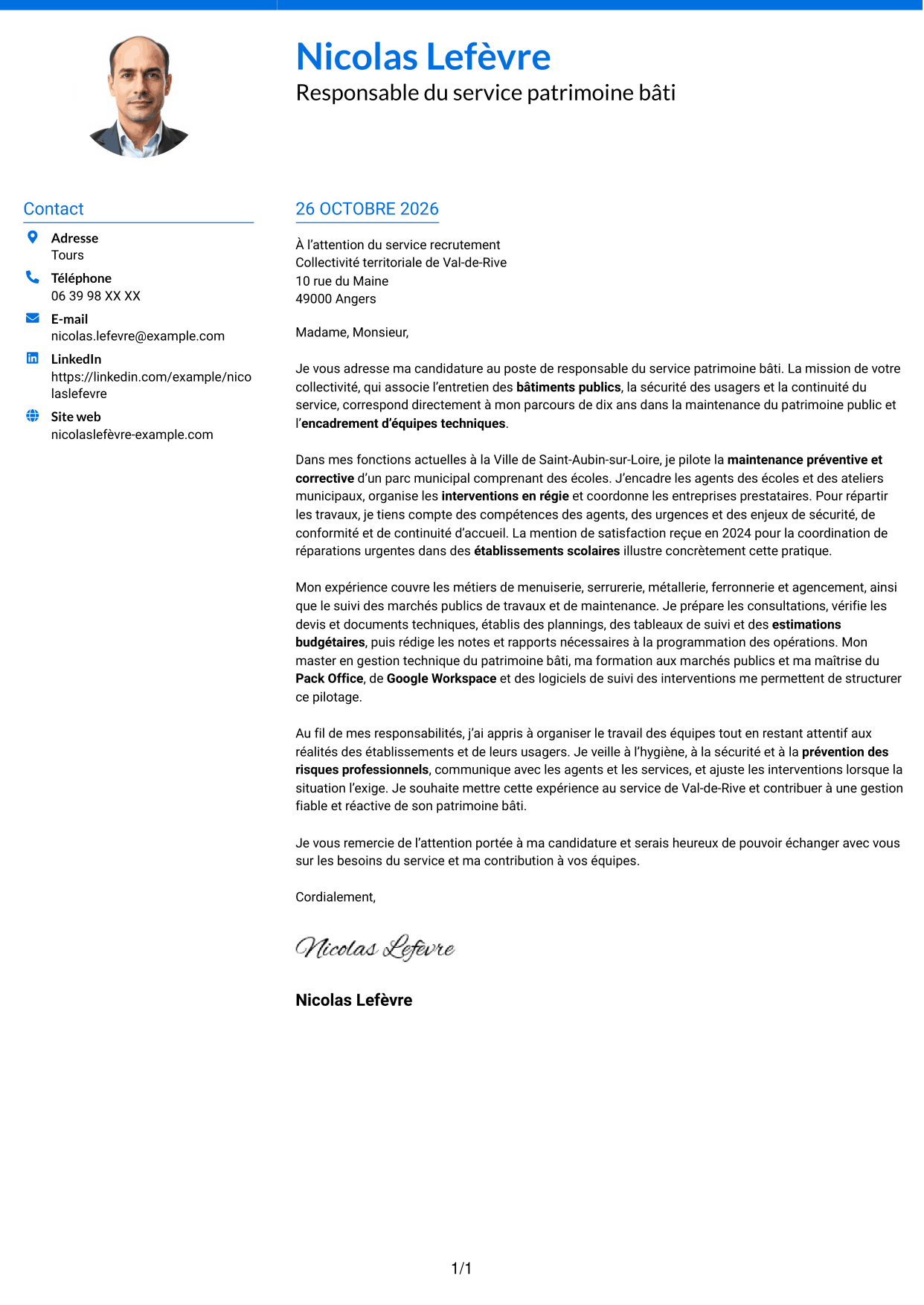 Lettre de motivation Audacieux (format à deux colonnes avec accents colorés et photo) : Responsable du service patrimoine bâti, page 1