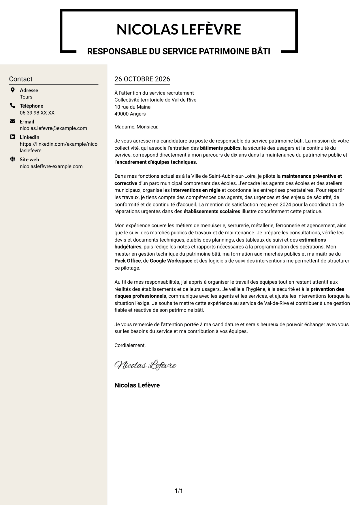 Lettre de motivation Fonceur (format à deux colonnes avec en-tête centré sans photo) : Responsable du service patrimoine bâti, page 1
