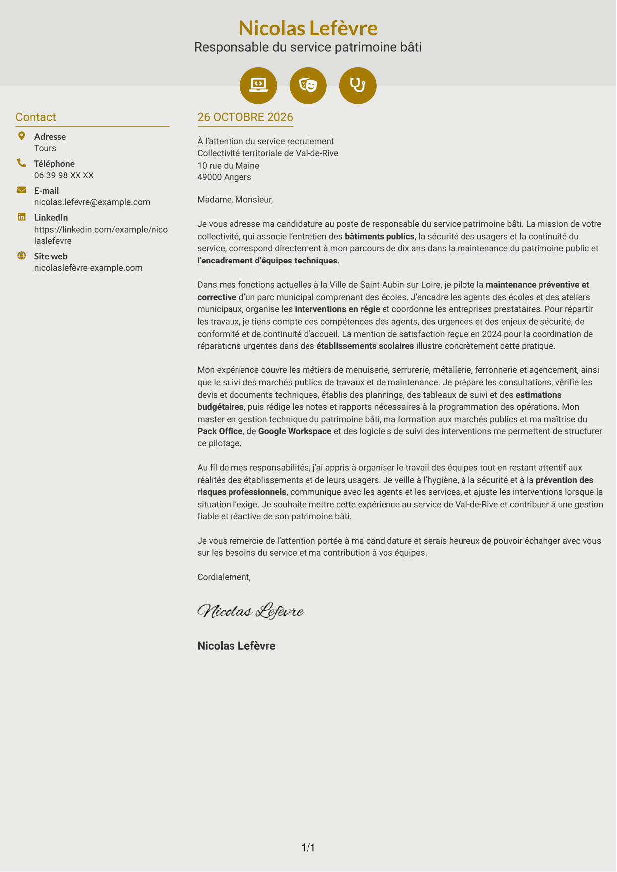 Lettre de motivation Dynamique (format à deux colonnes avec icônes) : Responsable du service patrimoine bâti, page 1