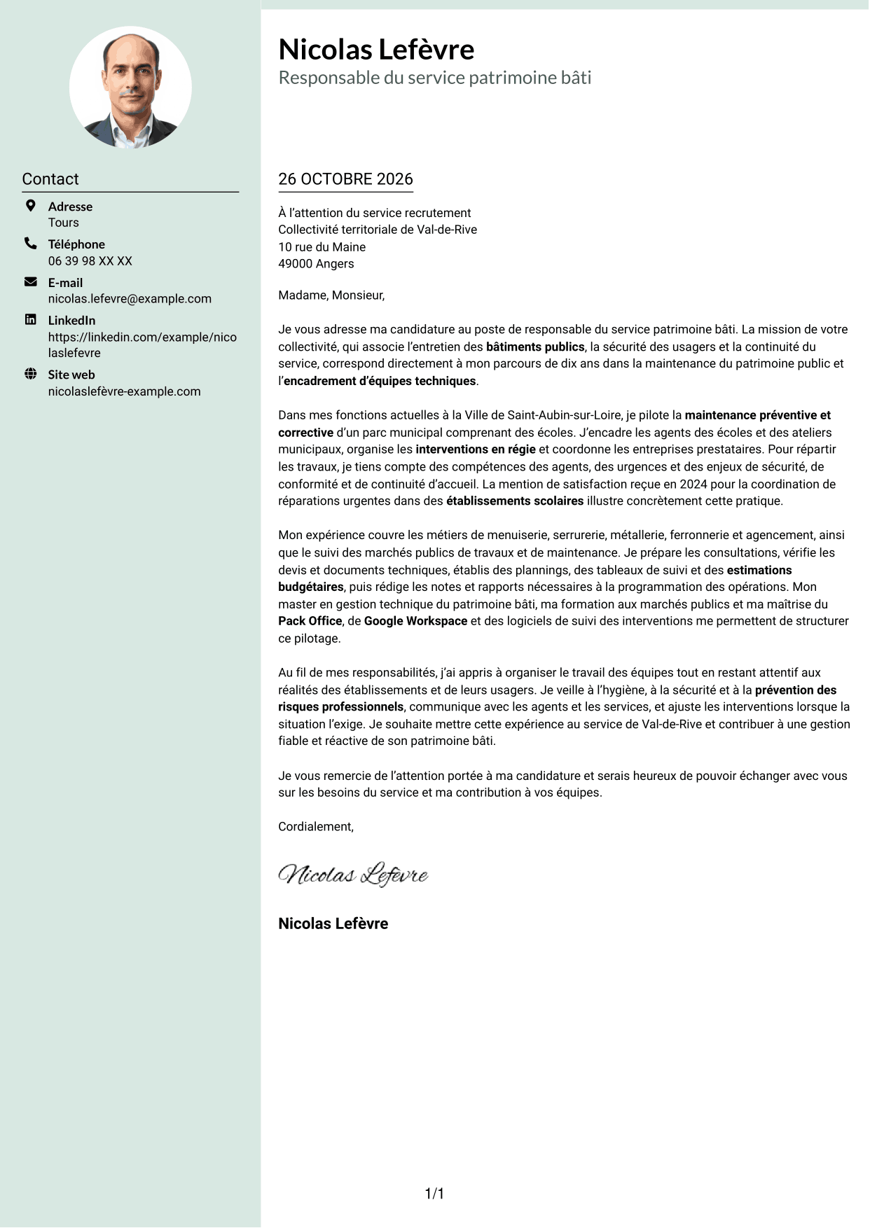 Lettre de motivation Cadre (format à colonne latérale douce avec photo arrondie) : Responsable du service patrimoine bâti, page 1