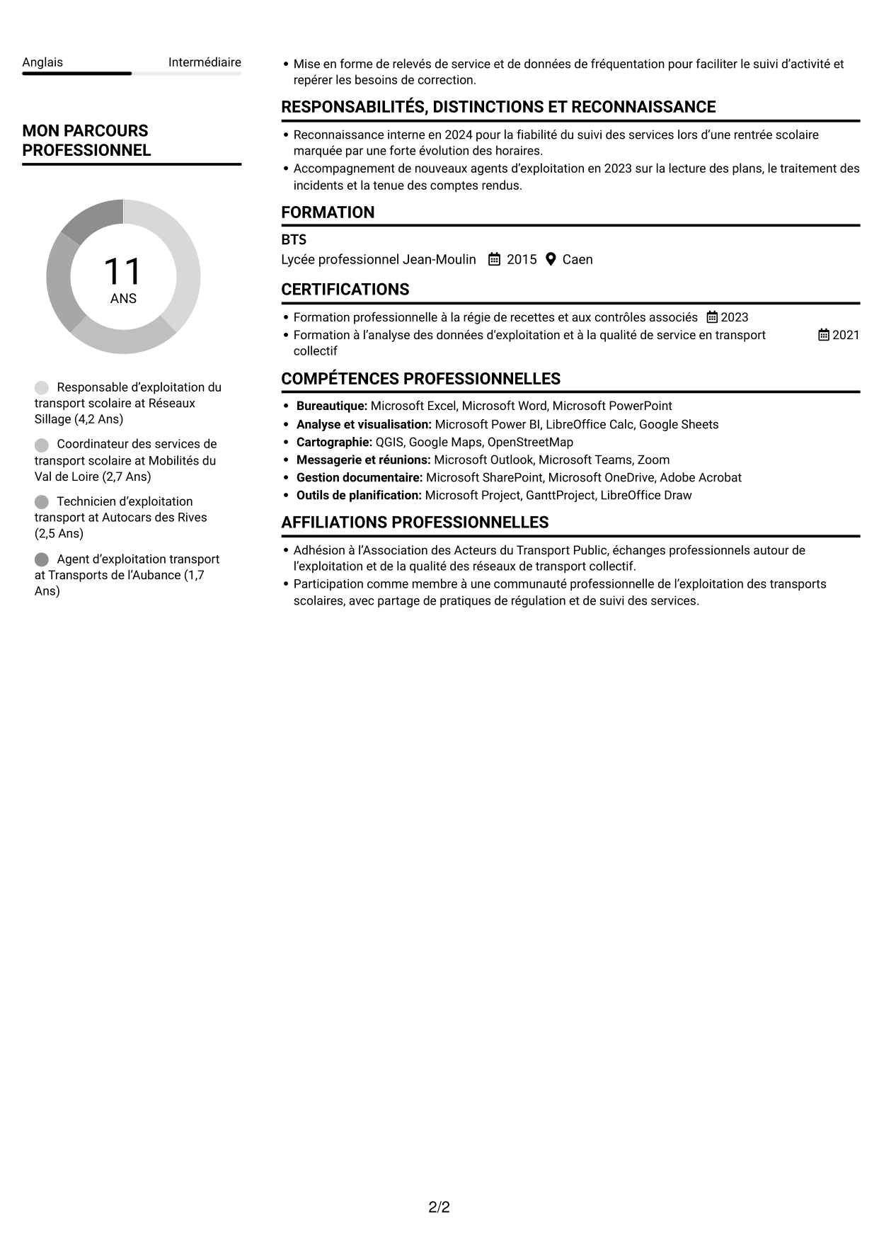 CV Compact (format sobre à deux colonnes avec photo) : Responsable du transport scolaire - Exploitation et qualité de service, page 2